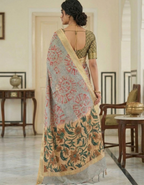 Grey Linen Cotton Saree with Silver Zari Border, Graphic Digital Print Body & Kalamkari Floral Pallu