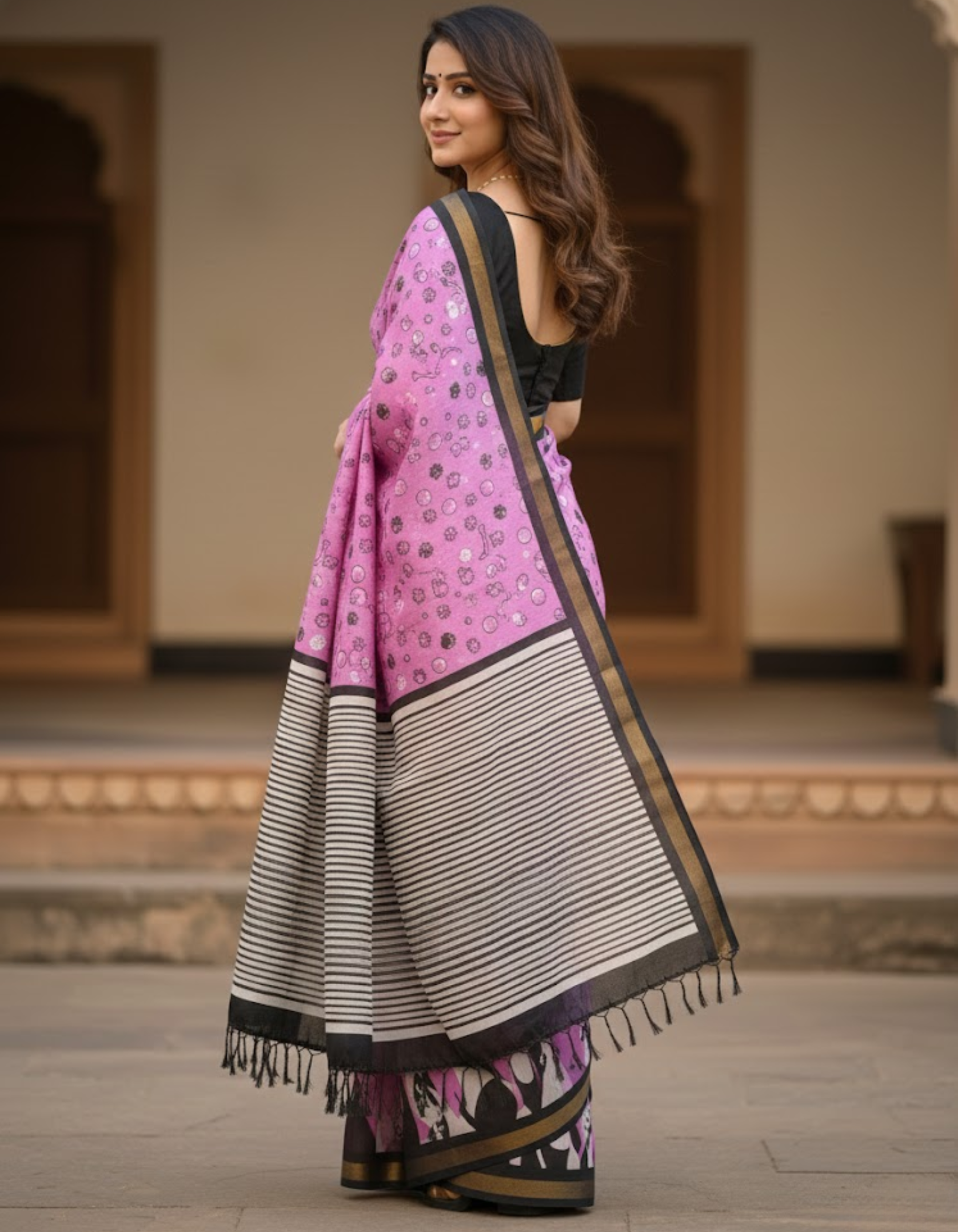 Lilac Soft Mal Cotton Saree with Golden Zari Border & Dog Digital Prints