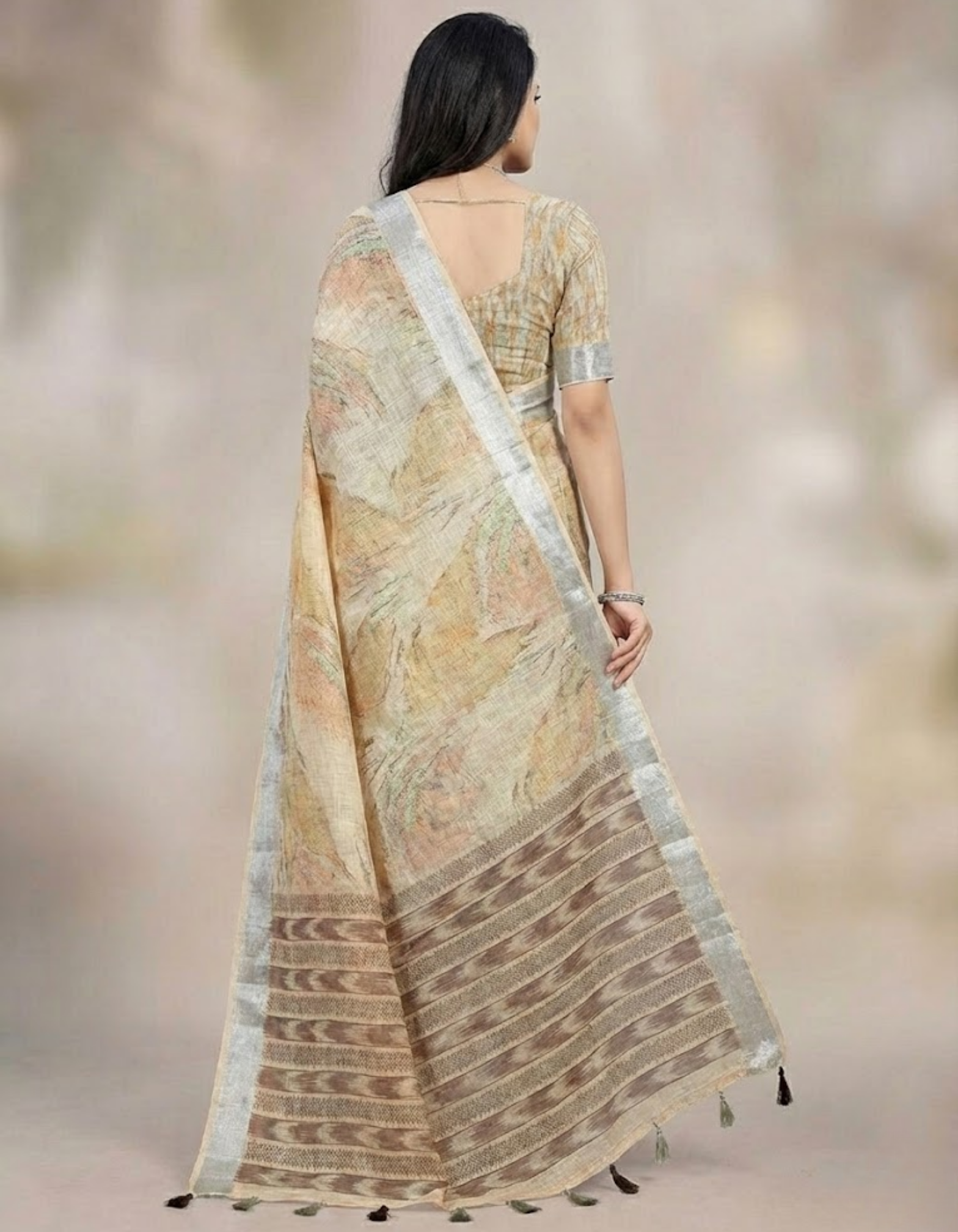 Linen Cotton Saree with Floral Digital Prints