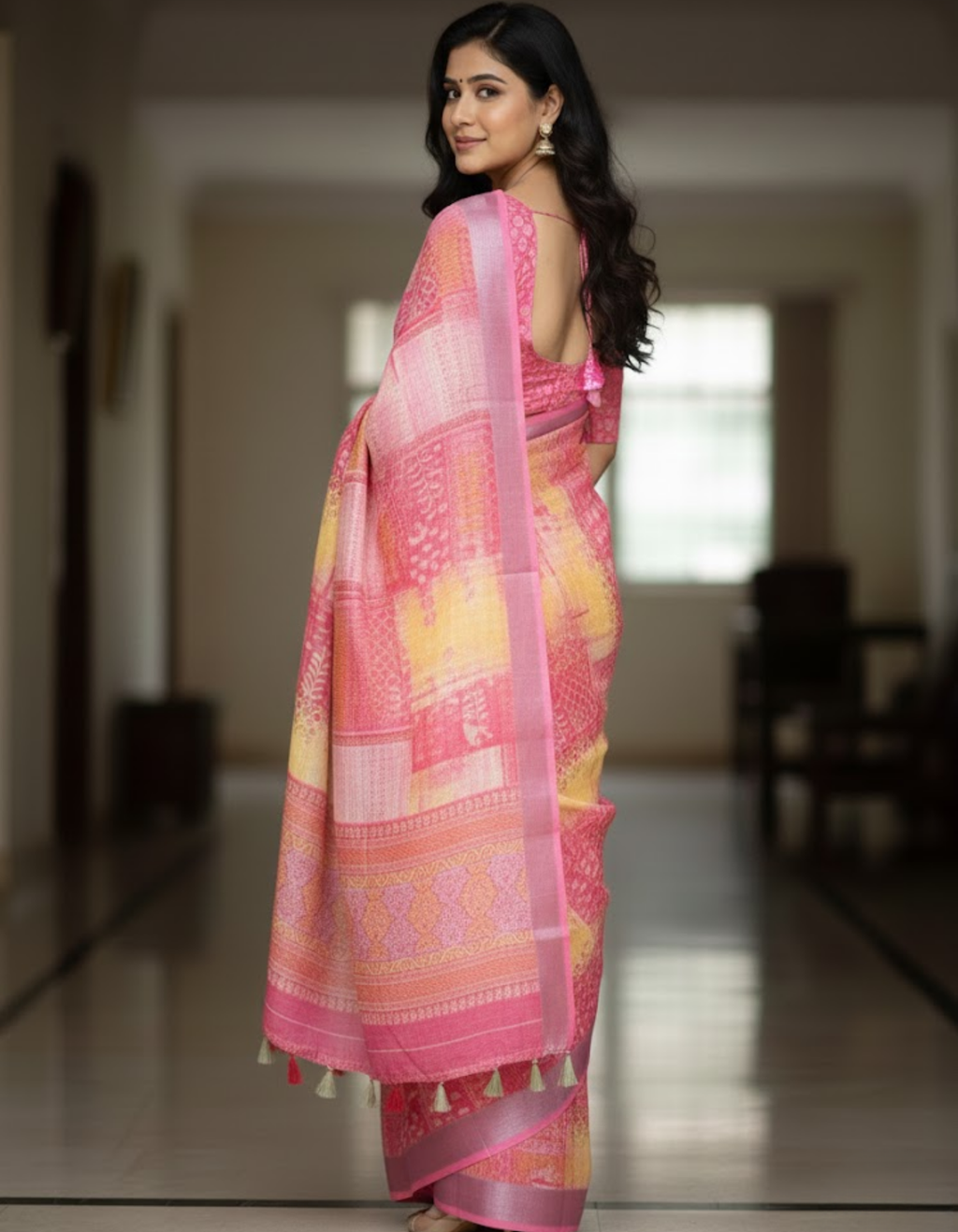 Multicolor Linen Cotton Saree with Floral Digital Prints