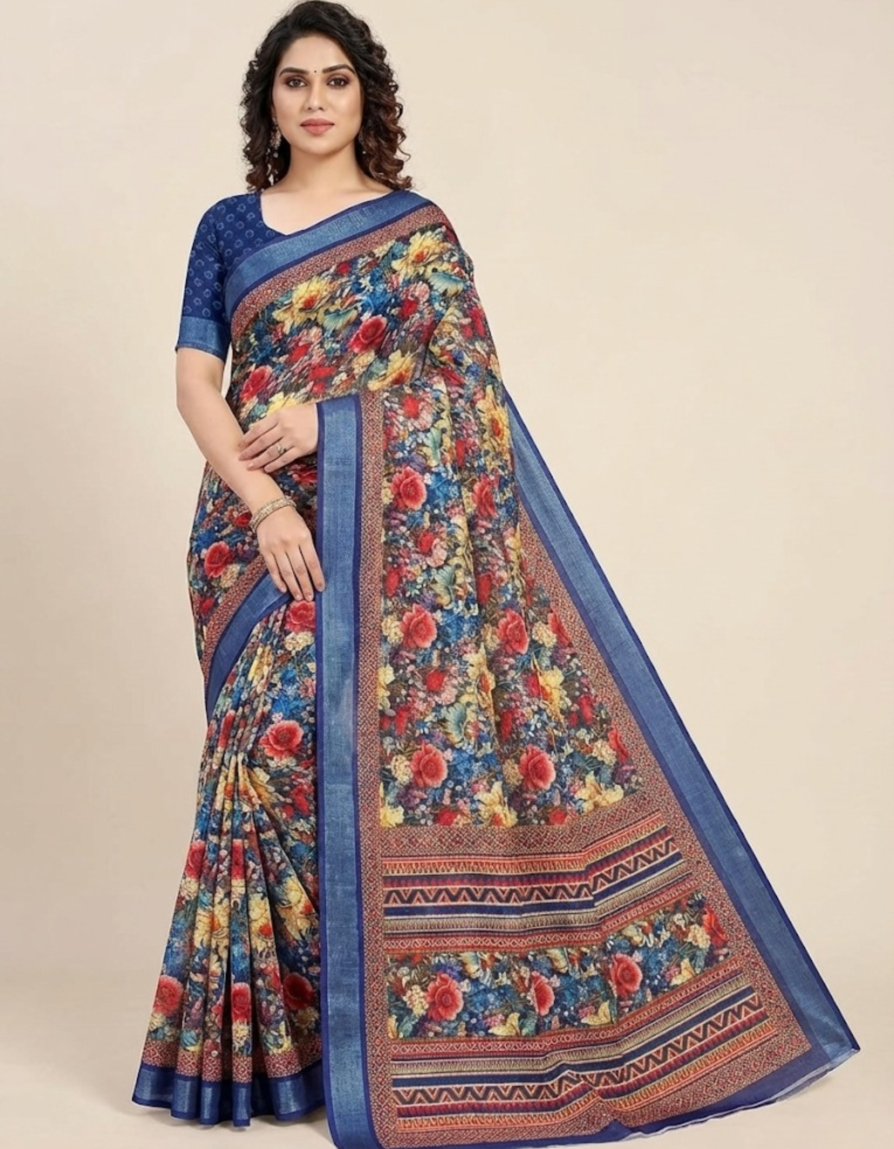 Linen Cotton Saree with Floral Digital Prints