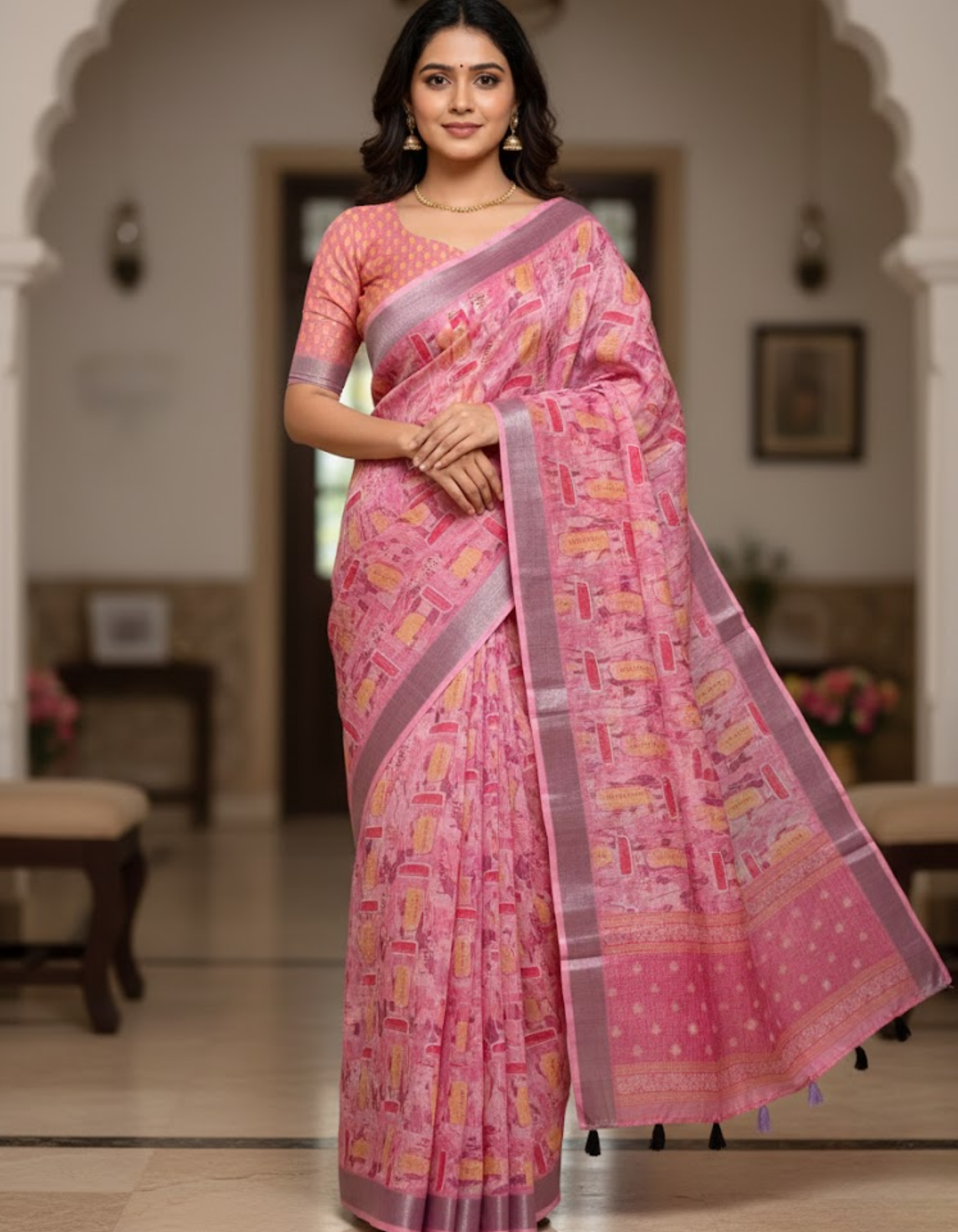 Multicolor Linen Cotton Saree with Floral Digital Prints