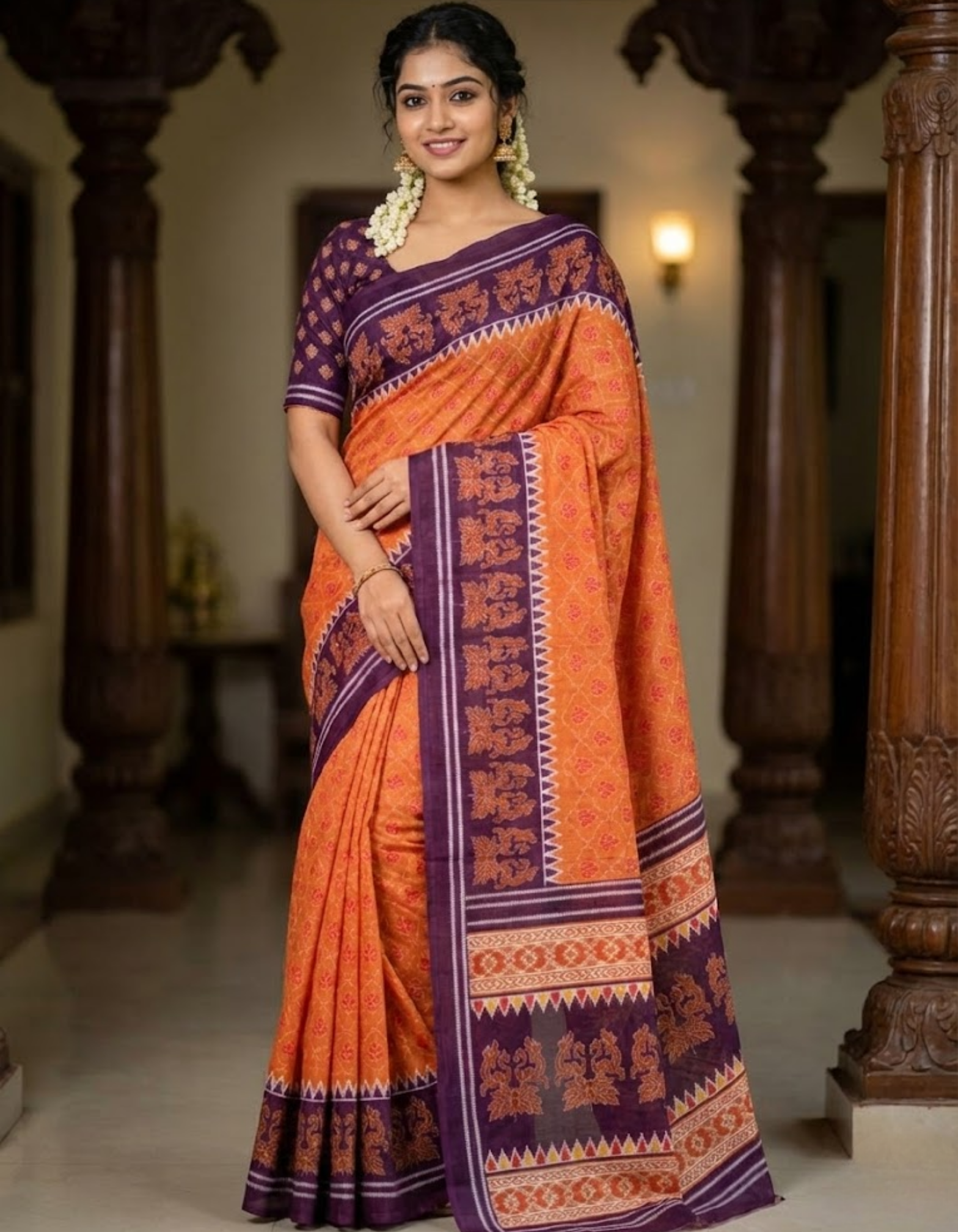 Rust Soft Linen Cotton Saree with Double Ikkat Digital Prints