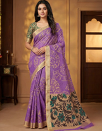 Lavender Linen Cotton Saree with Silver Zari Border, Graphic Digital Print Body & Kalamkari Floral Pallu