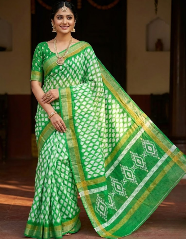 Soft Linen Cotton Saree with Ikkat Digital Prints & Silver Zari Border