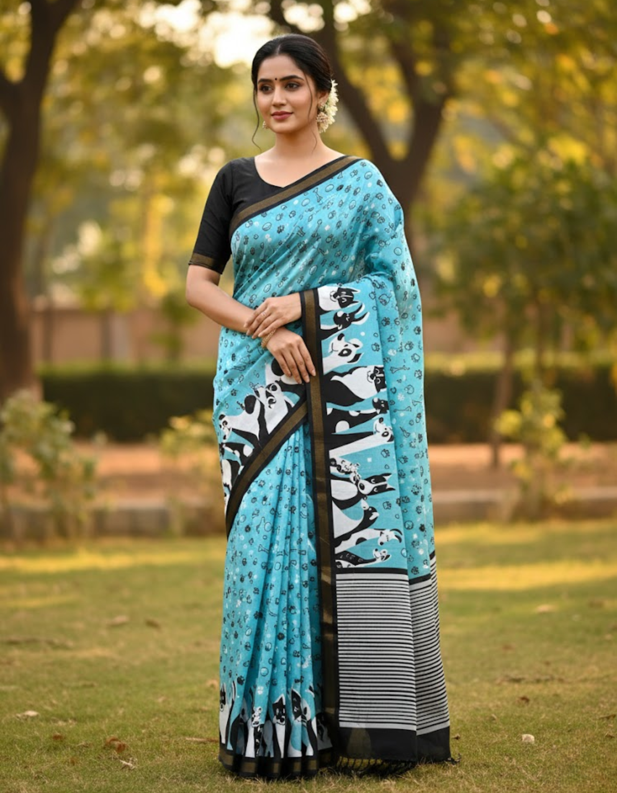 Blue Soft Mal Cotton Saree with Golden Zari Border & Dog Digital Prints