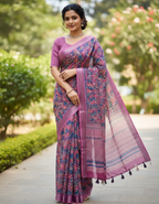 Linen Cotton Saree with Floral Digital Prints