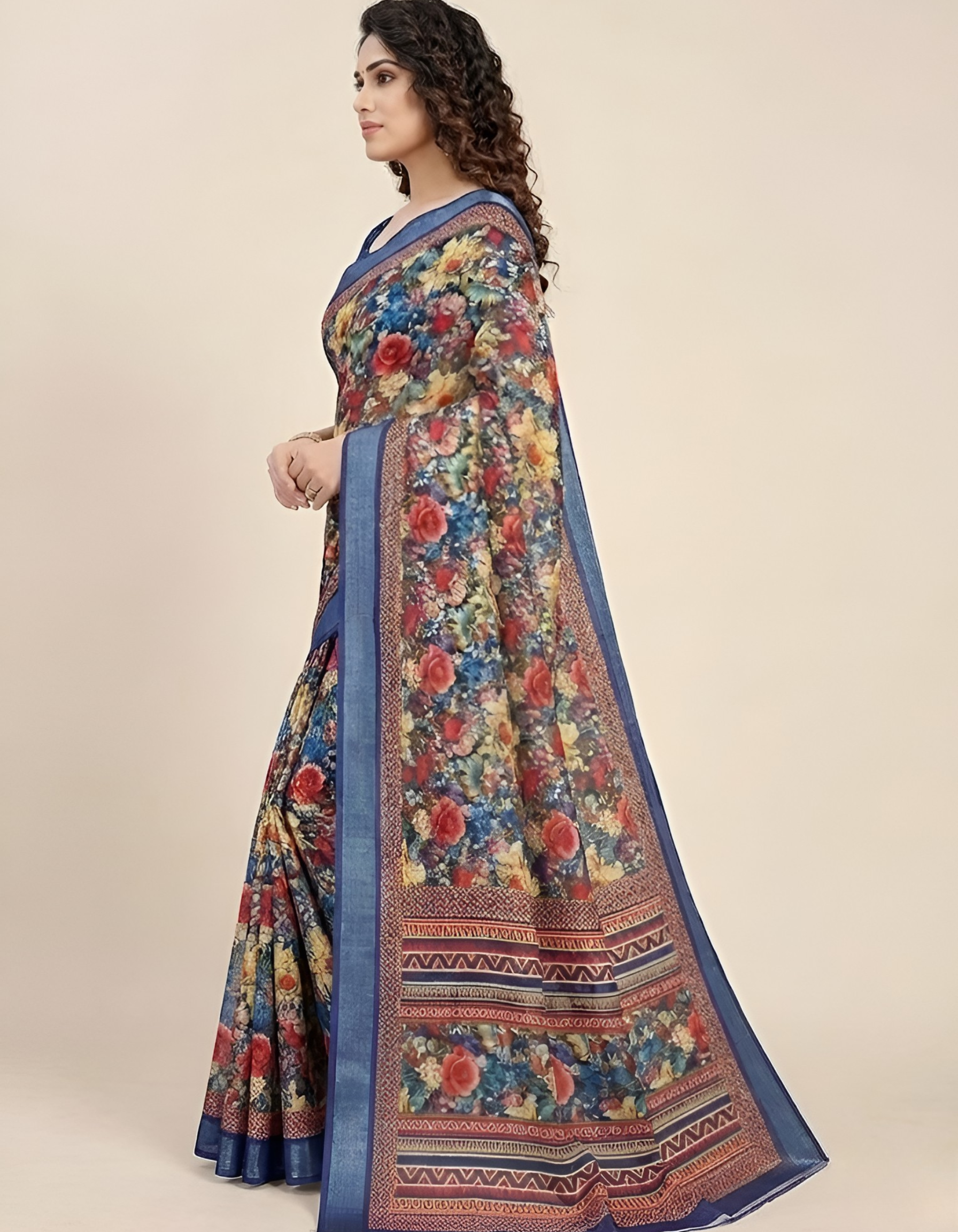 Linen Cotton Saree with Floral Digital Prints