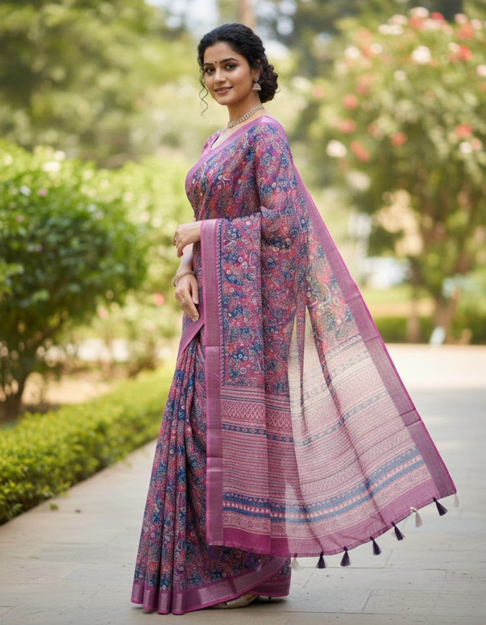 Linen Cotton Saree with Floral Digital Prints
