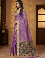 Lavender Linen Cotton Saree with Silver Zari Border, Graphic Digital Print Body & Kalamkari Floral Pallu