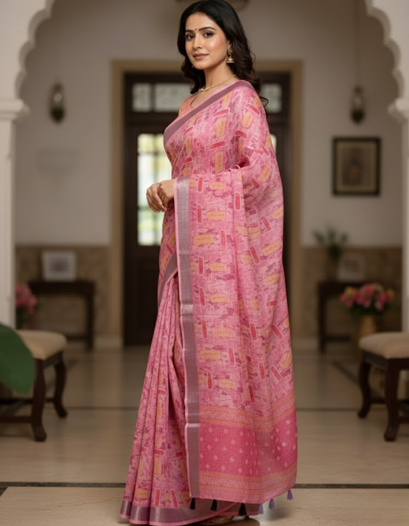 Multicolor Linen Cotton Saree with Floral Digital Prints
