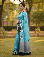 Blue Soft Mal Cotton Saree with Golden Zari Border & Dog Digital Prints