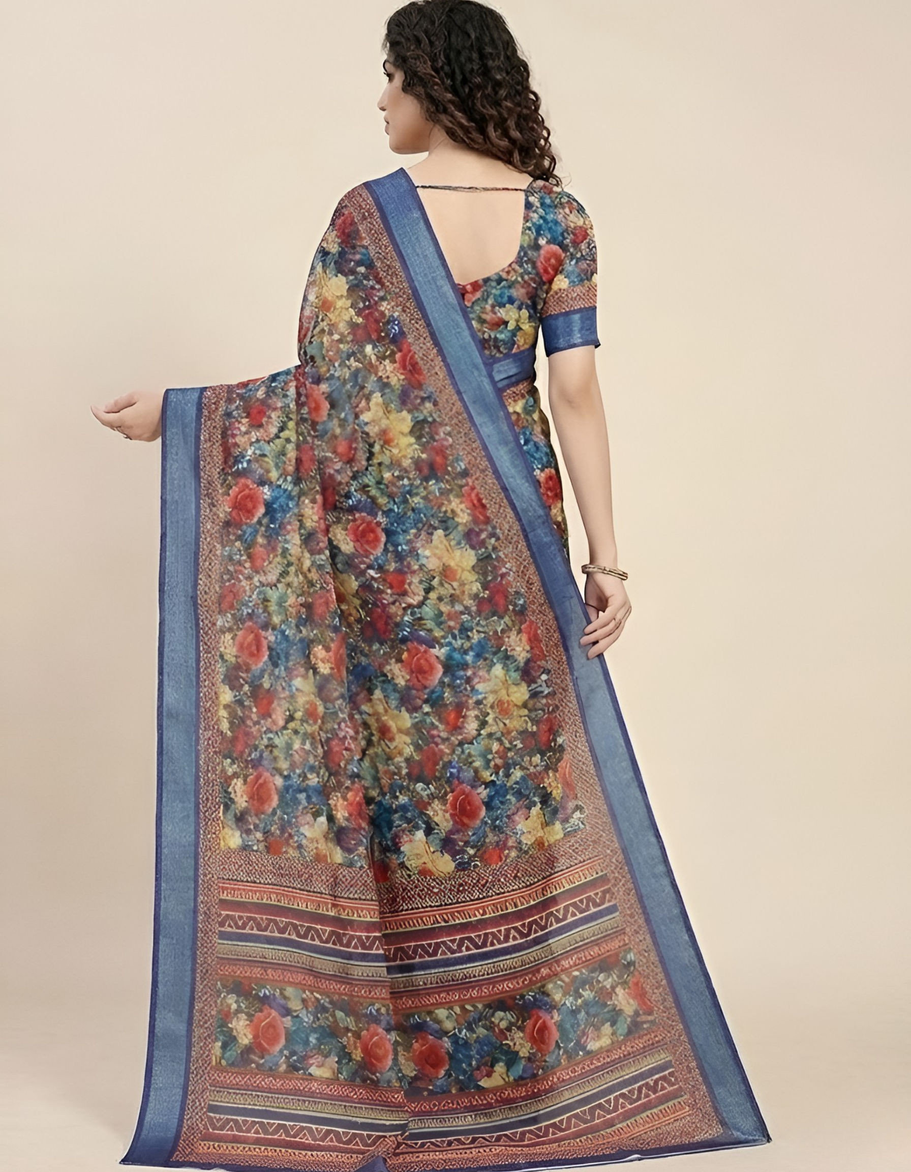 Linen Cotton Saree with Floral Digital Prints