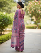 Linen Cotton Saree with Floral Digital Prints