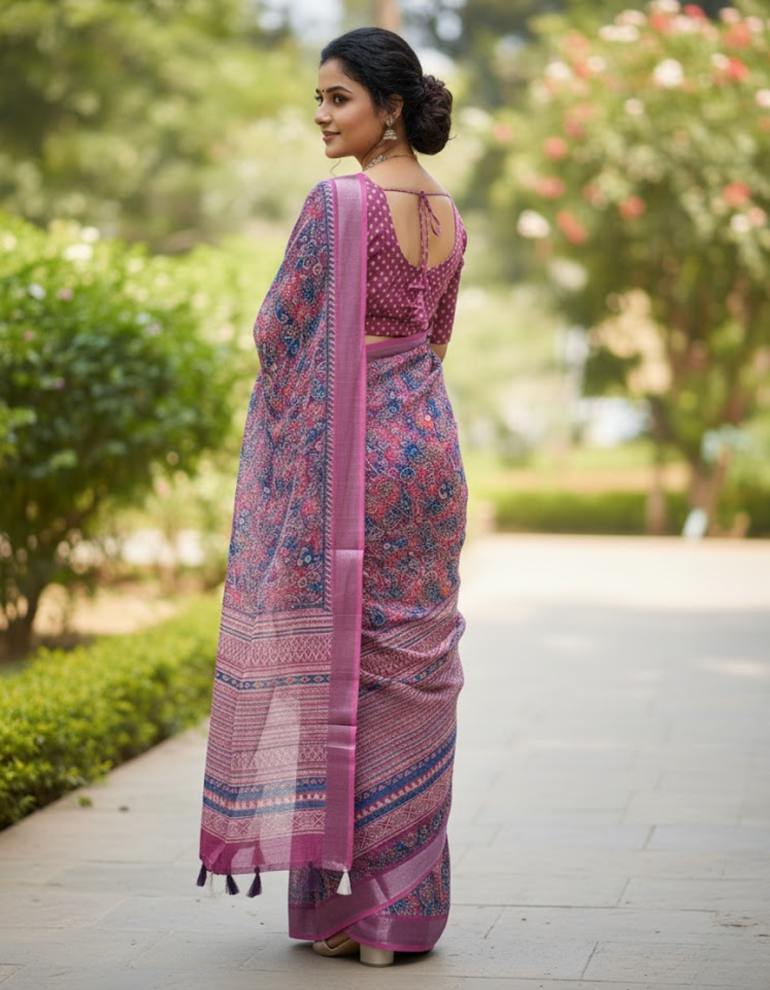 Linen Cotton Saree with Floral Digital Prints