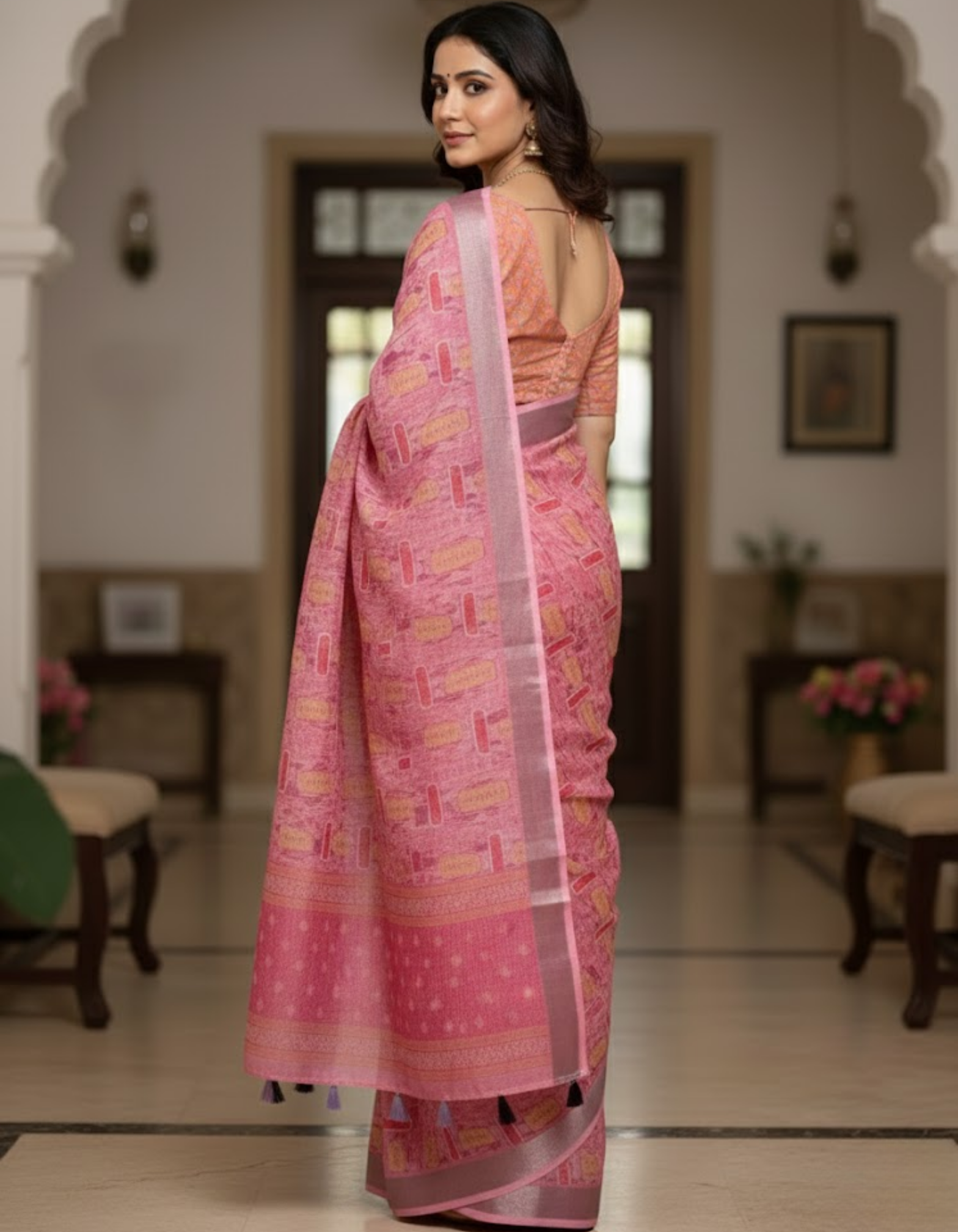 Multicolor Linen Cotton Saree with Floral Digital Prints