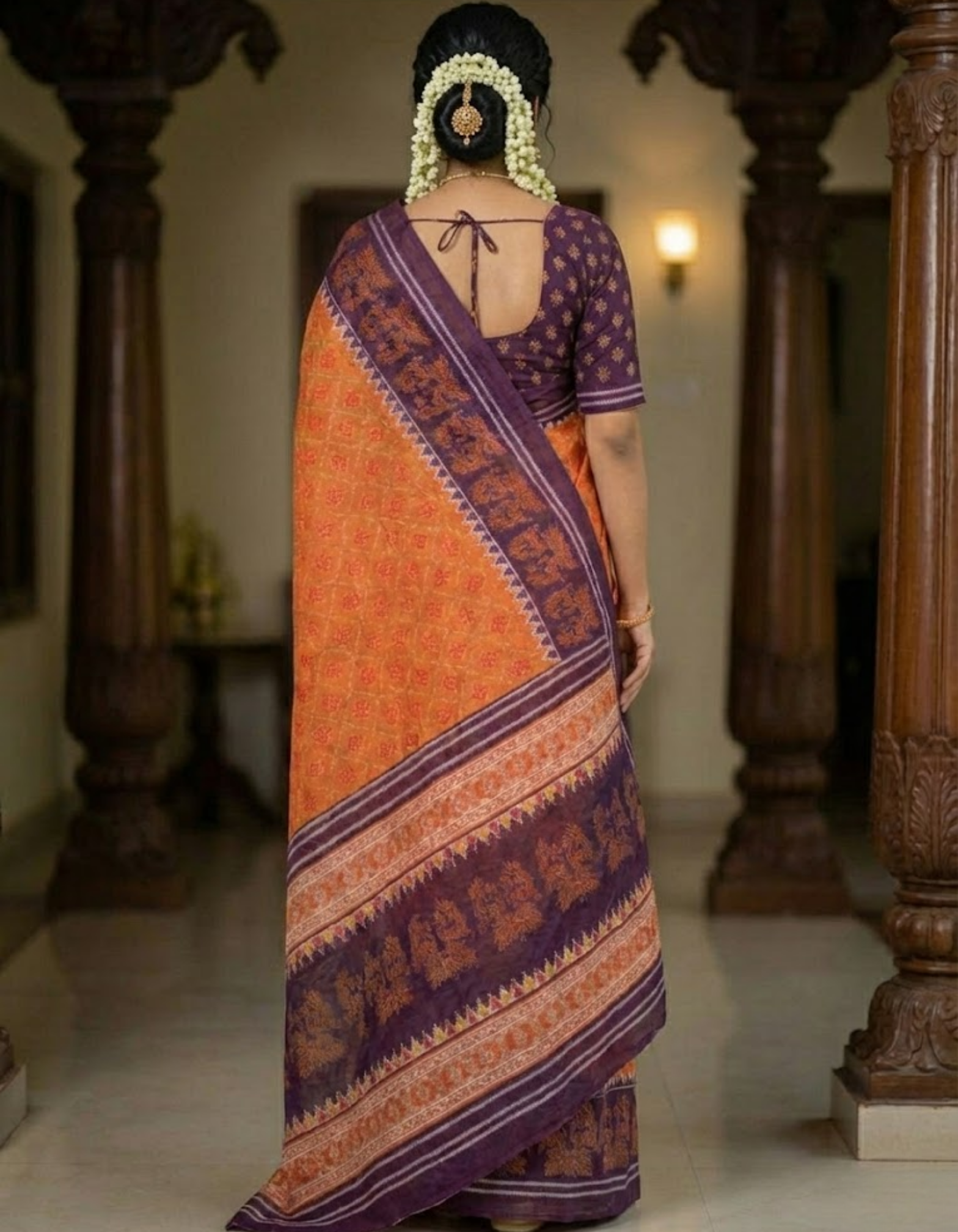 Rust Soft Linen Cotton Saree with Double Ikkat Digital Prints