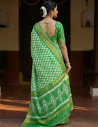 Soft Linen Cotton Saree with Ikkat Digital Prints & Silver Zari Border