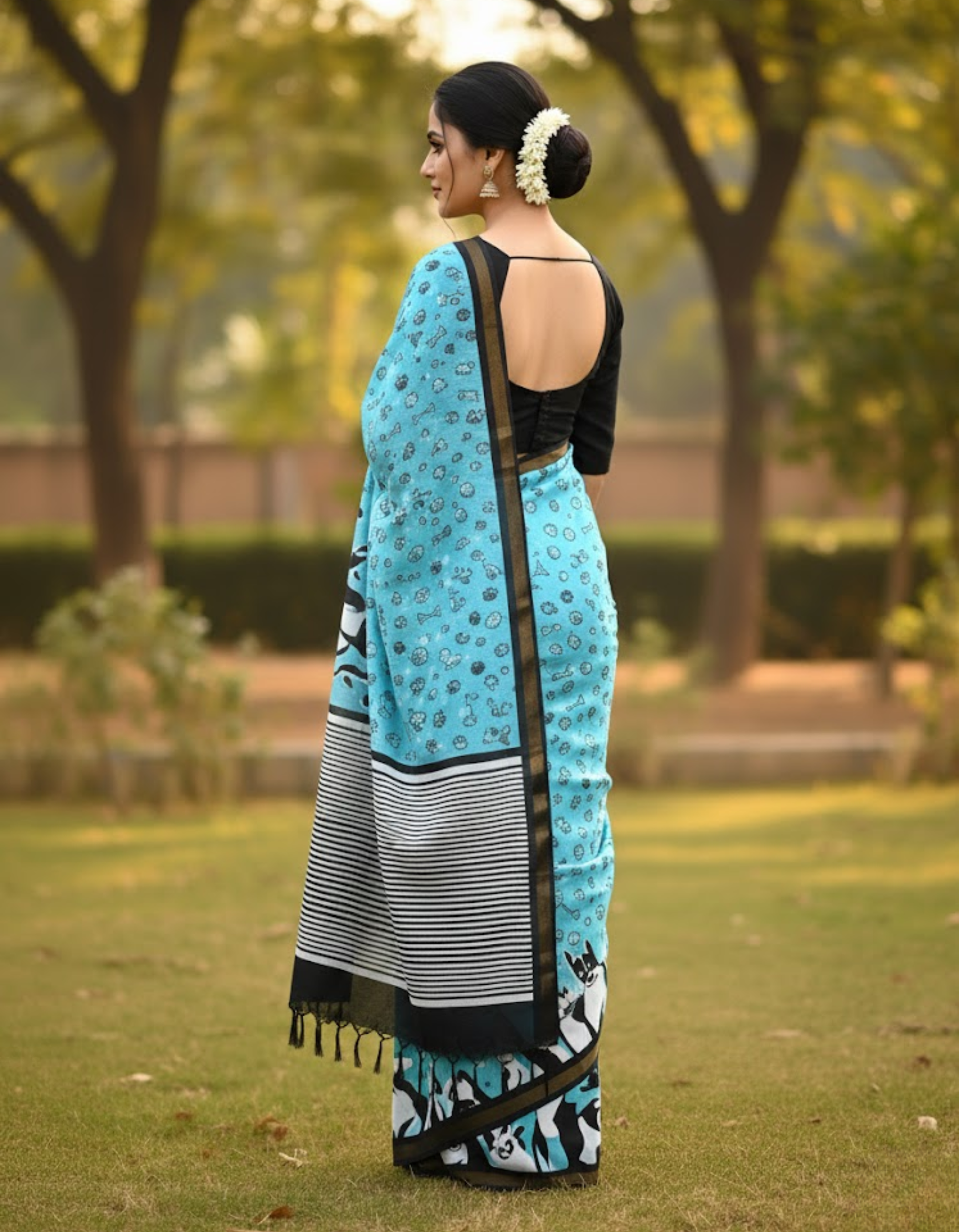 Blue Soft Mal Cotton Saree with Golden Zari Border & Dog Digital Prints