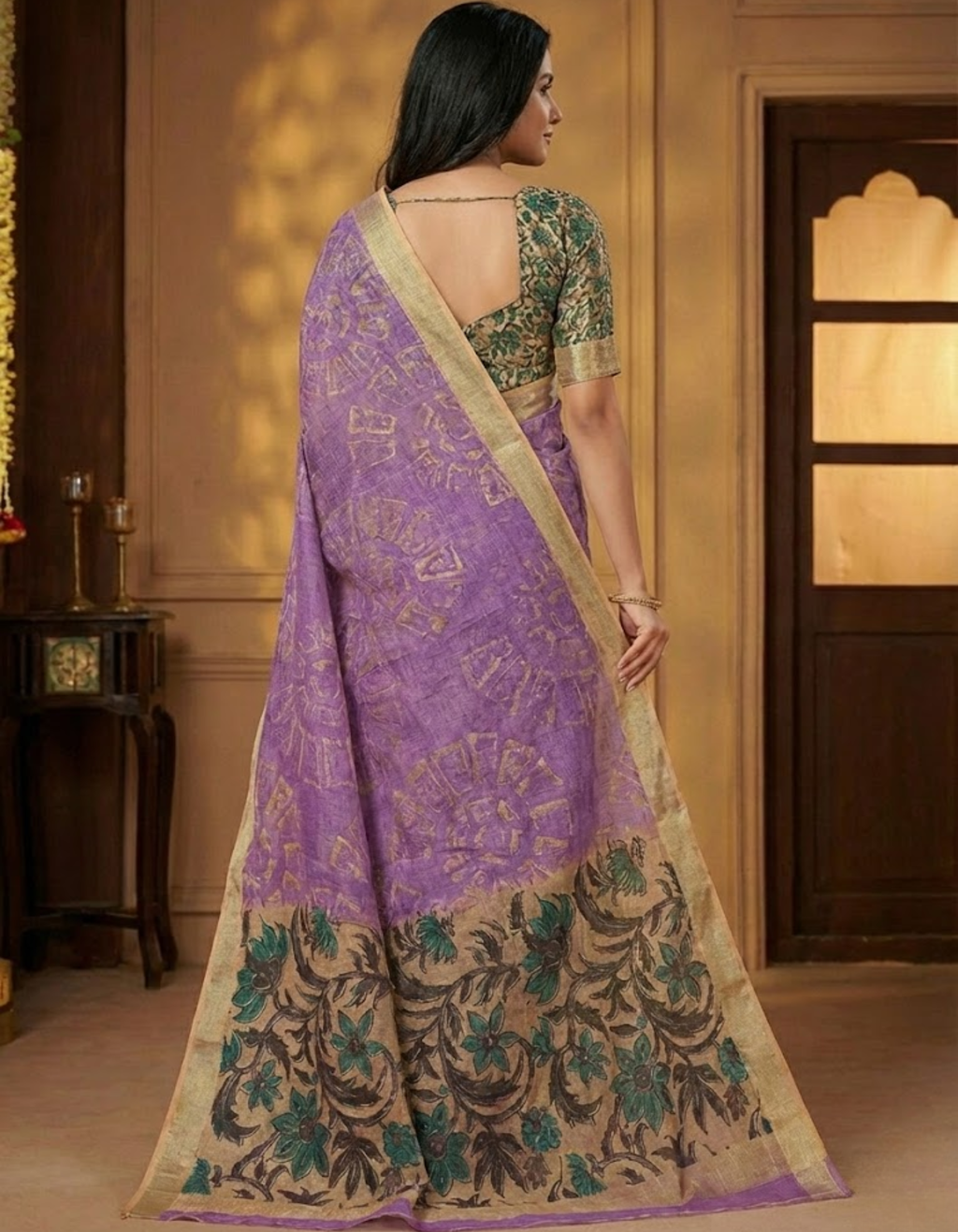 Lavender Linen Cotton Saree with Silver Zari Border, Graphic Digital Print Body & Kalamkari Floral Pallu