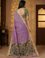 Lavender Linen Cotton Saree with Silver Zari Border, Graphic Digital Print Body & Kalamkari Floral Pallu