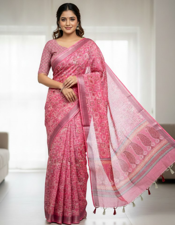 Multicolor Linen Cotton Saree with Floral Digital Prints