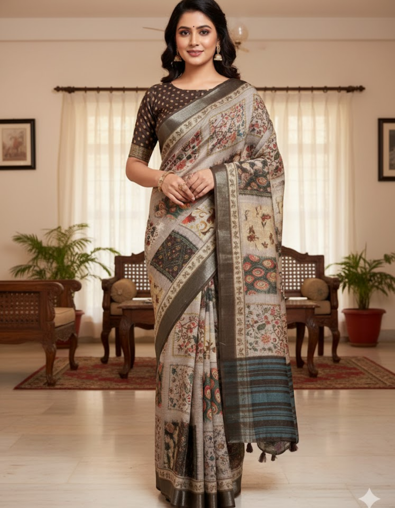 Linen Cotton Saree with Floral Digital Prints
