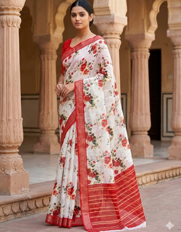 Soft Linen Cotton Saree with Digital Prints