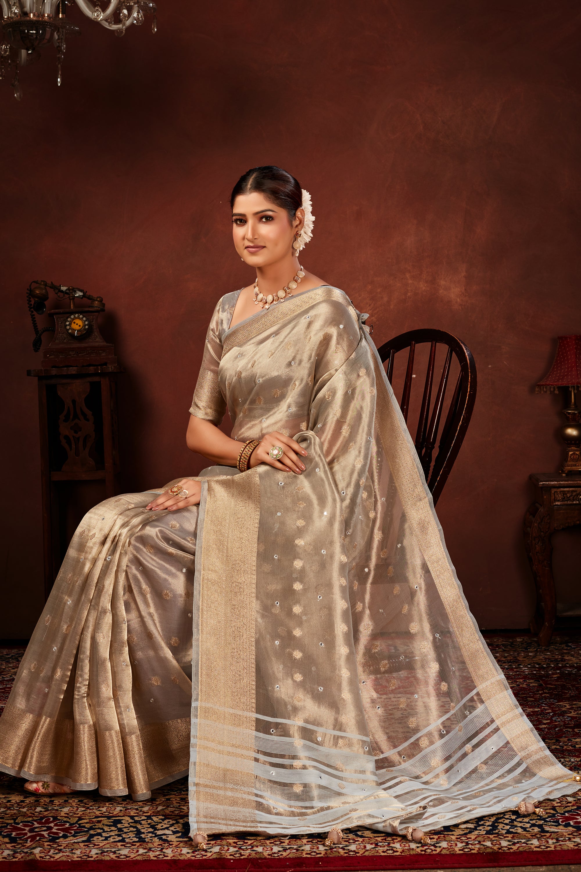 Grey Soft Tissue Silk Saree with Mirror Work