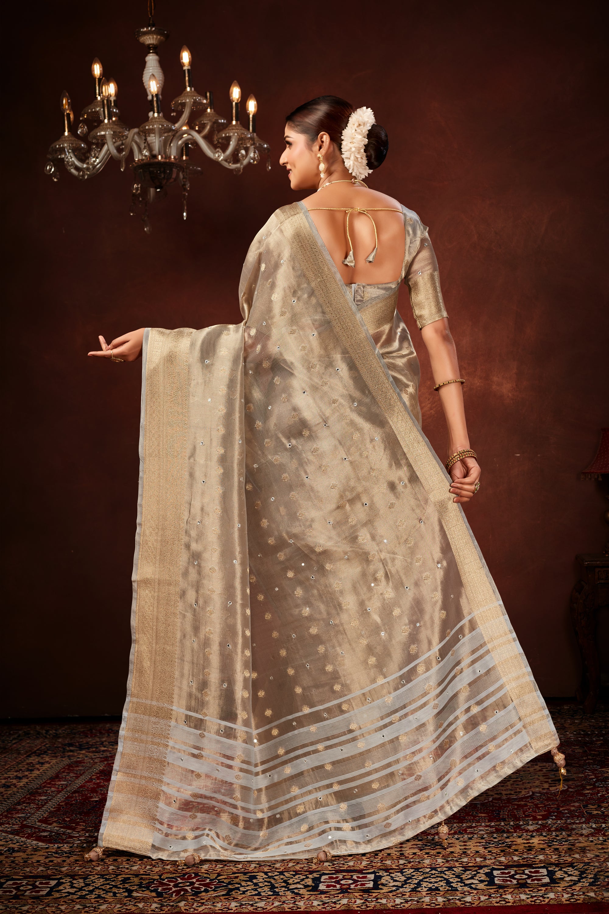 Grey Soft Tissue Silk Saree with Mirror Work