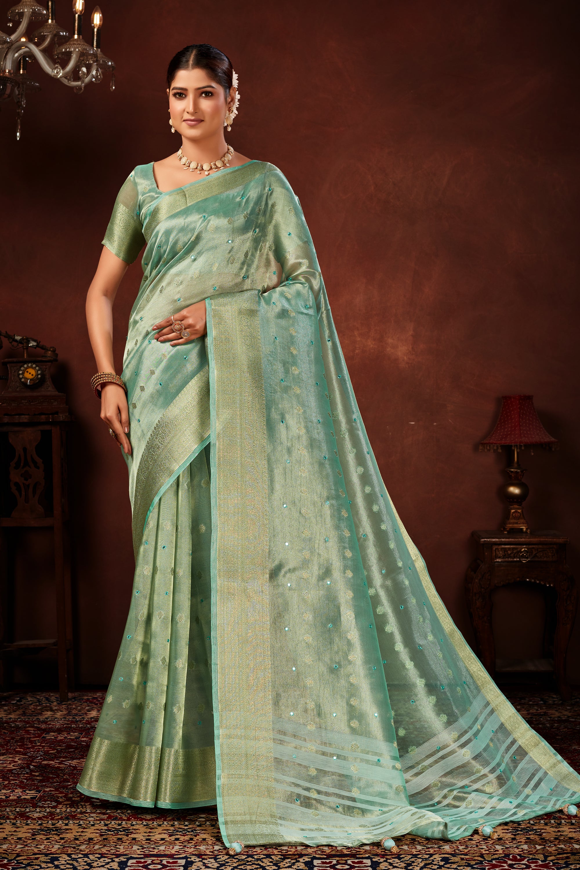 Turquoise Blue Soft Tissue Silk Saree with Mirror Work