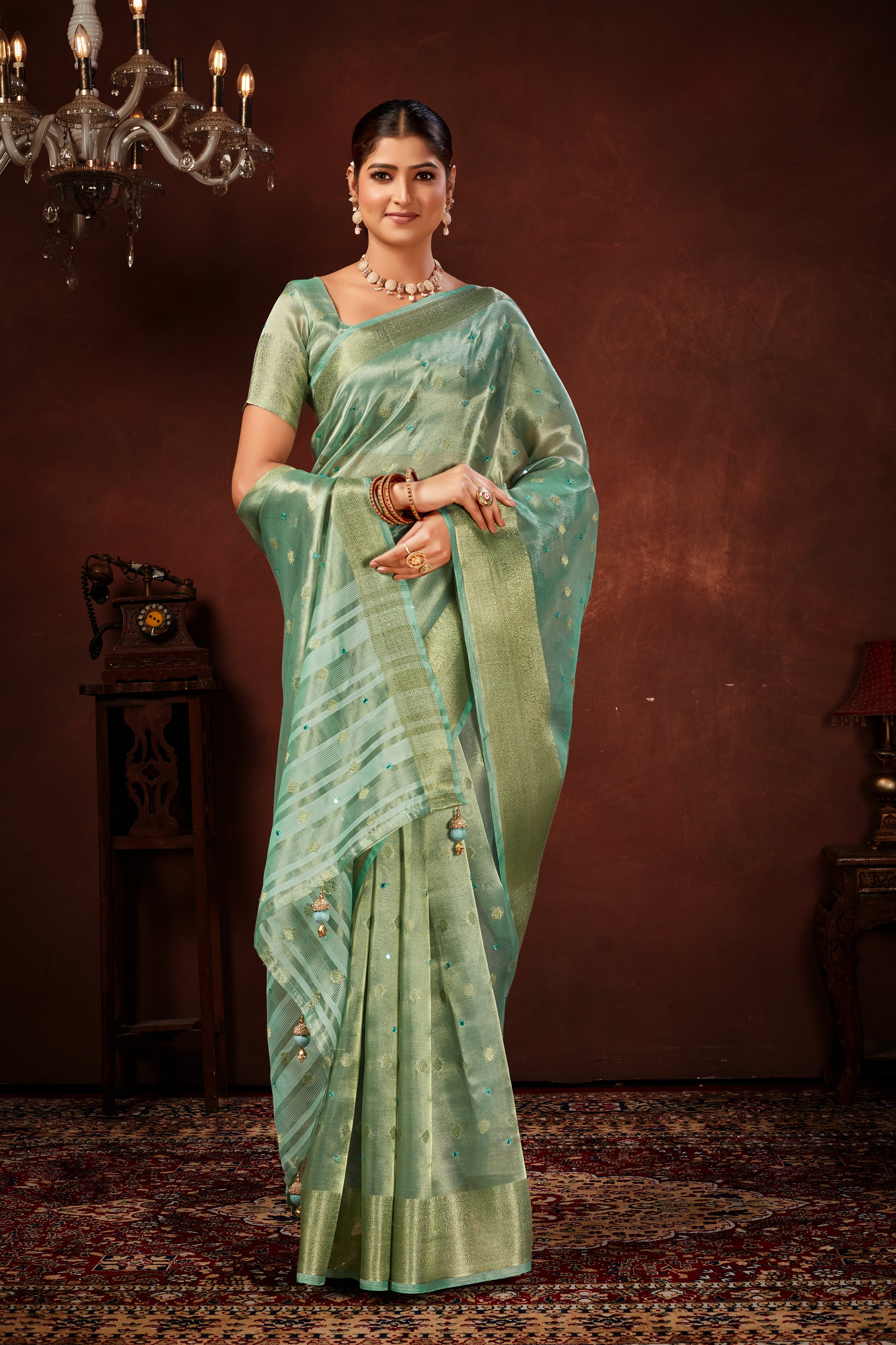 Turquoise Blue Soft Tissue Silk Saree with Mirror Work