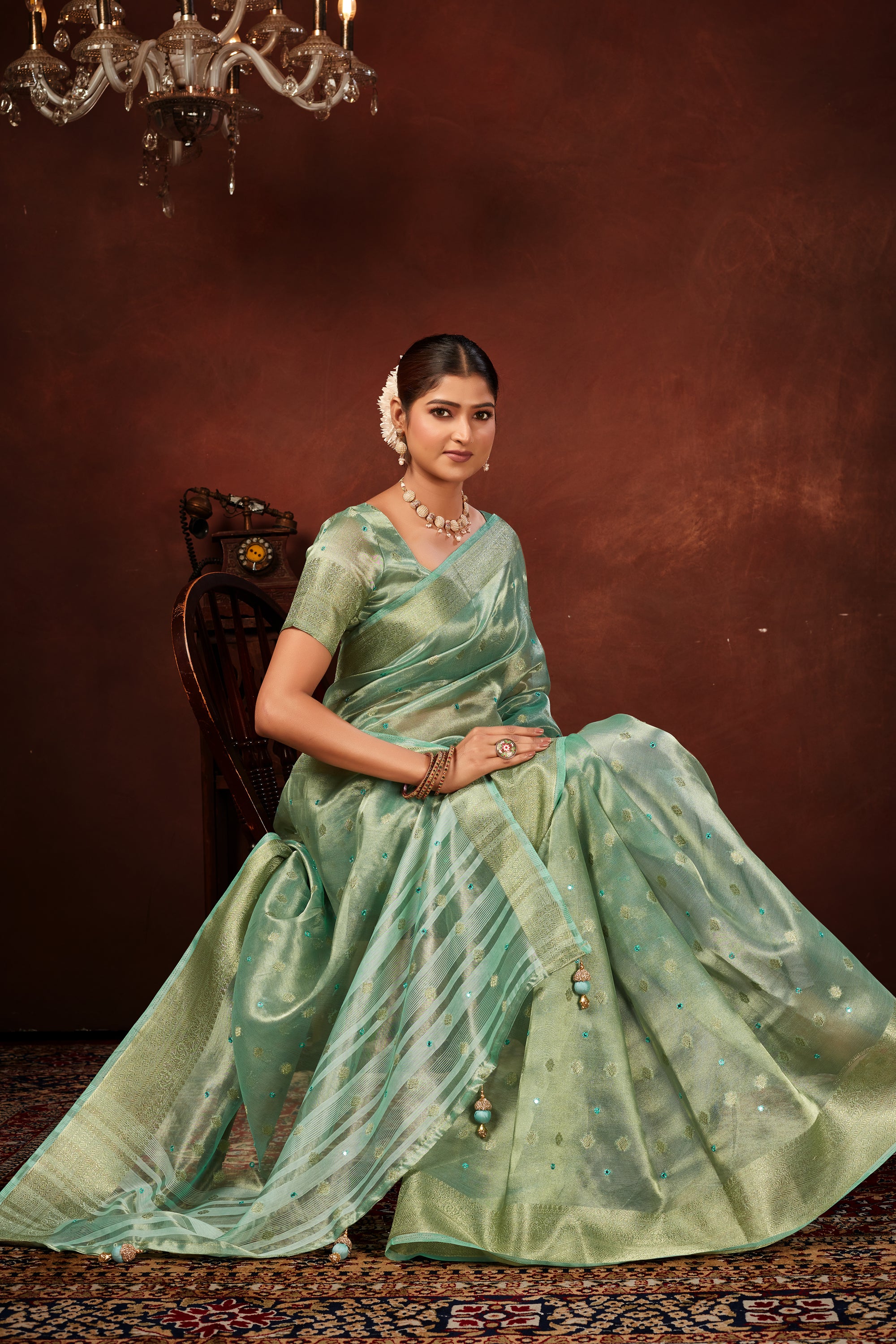 Turquoise Blue Soft Tissue Silk Saree with Mirror Work