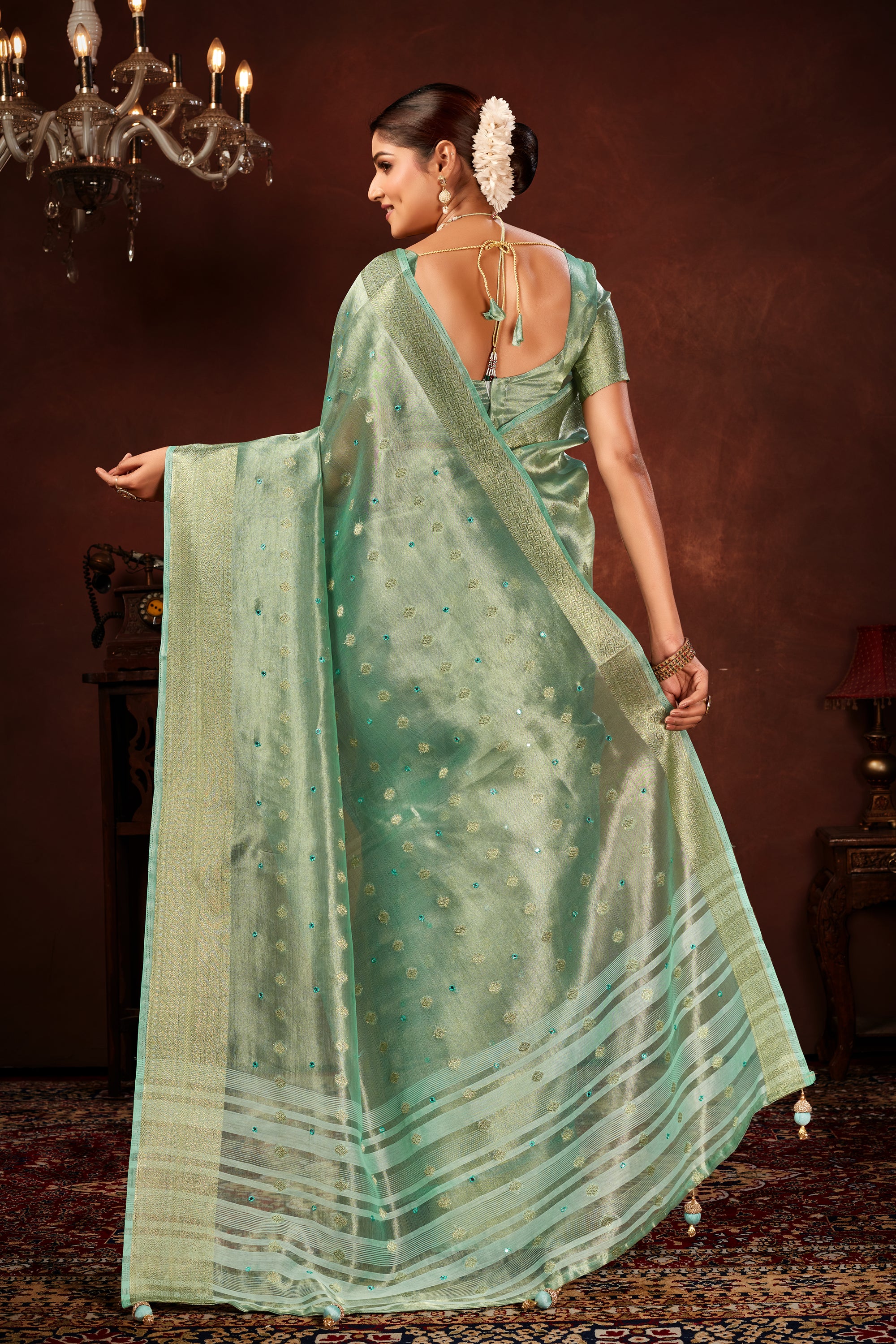 Turquoise Blue Soft Tissue Silk Saree with Mirror Work