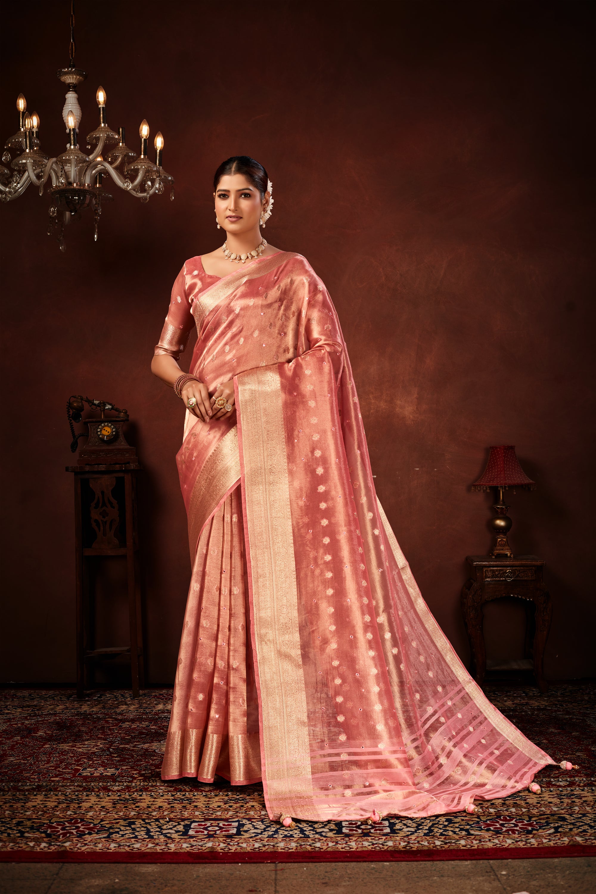 Cherry Pink Soft Tissue Silk Saree with Mirror Work