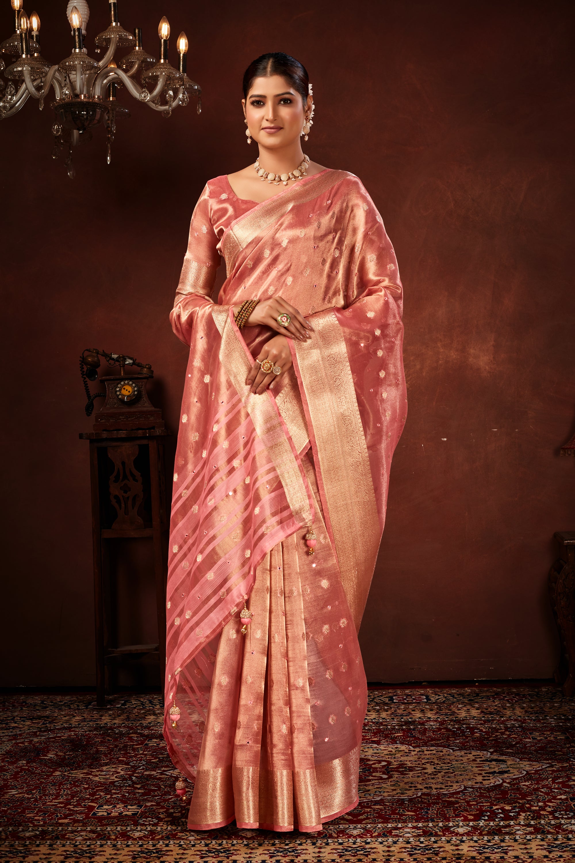 Cherry Pink Soft Tissue Silk Saree with Mirror Work