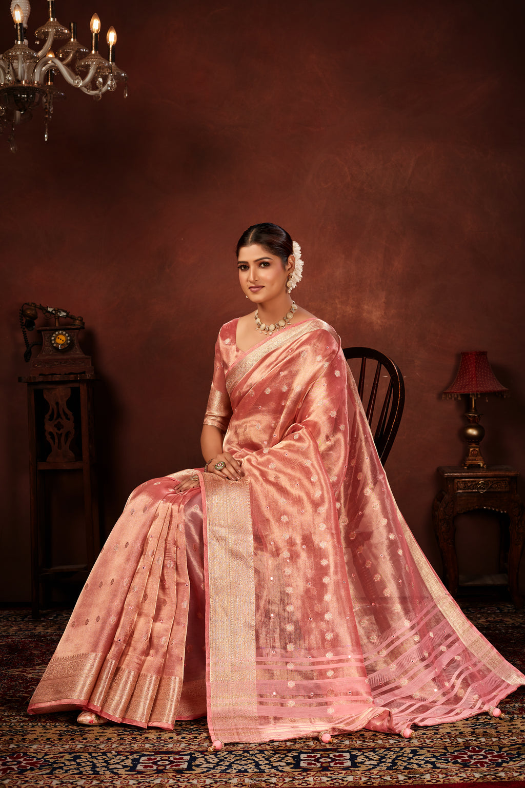 Cherry Pink Soft Tissue Silk Saree with Mirror Work