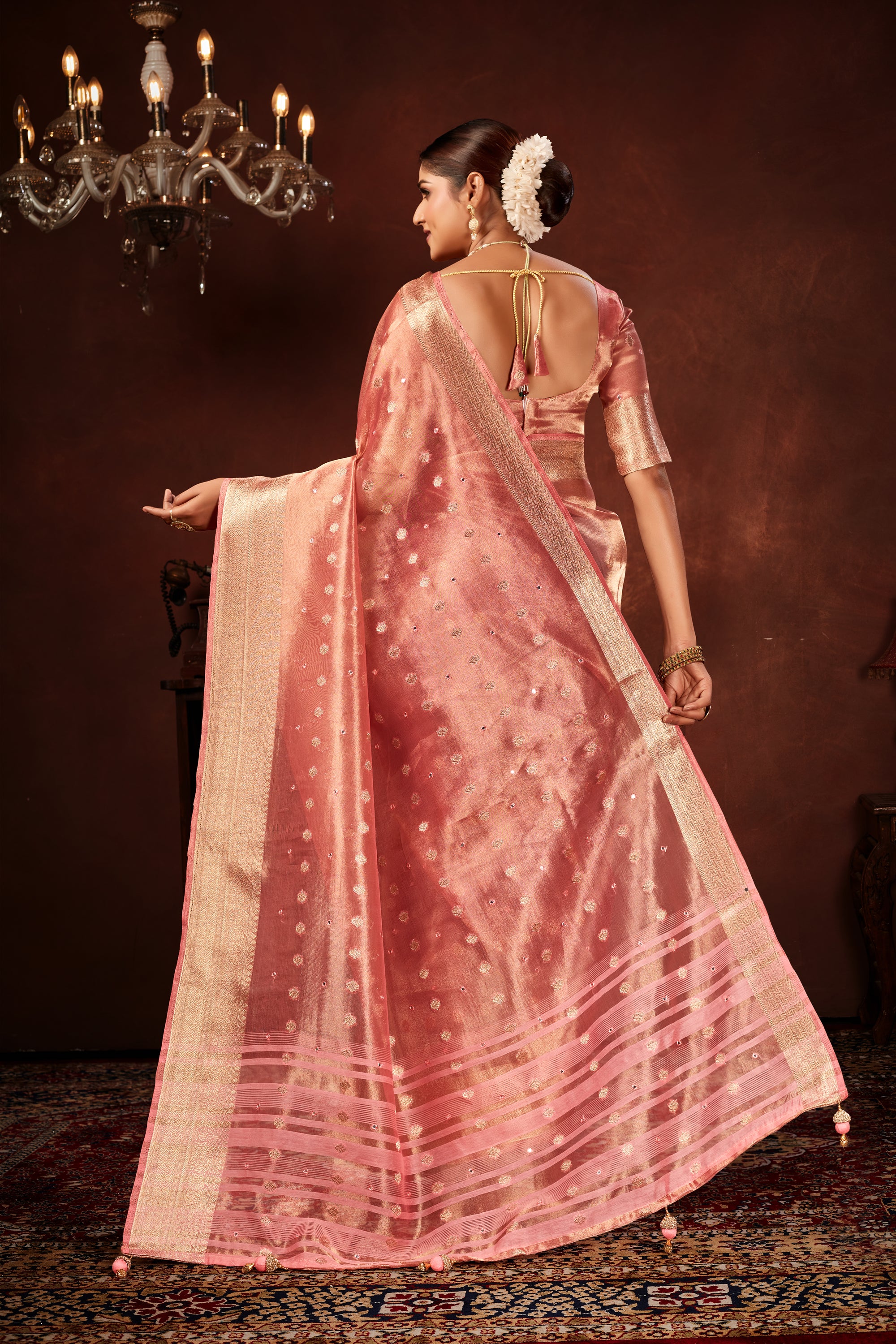 Cherry Pink Soft Tissue Silk Saree with Mirror Work
