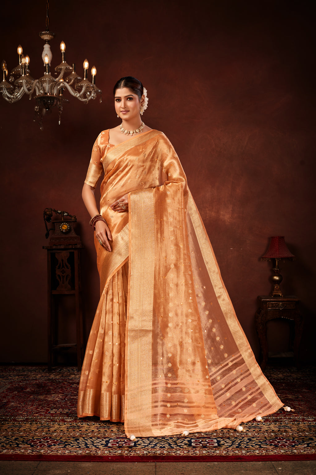 Rust Orange Soft Tissue Silk Saree with Mirror Work