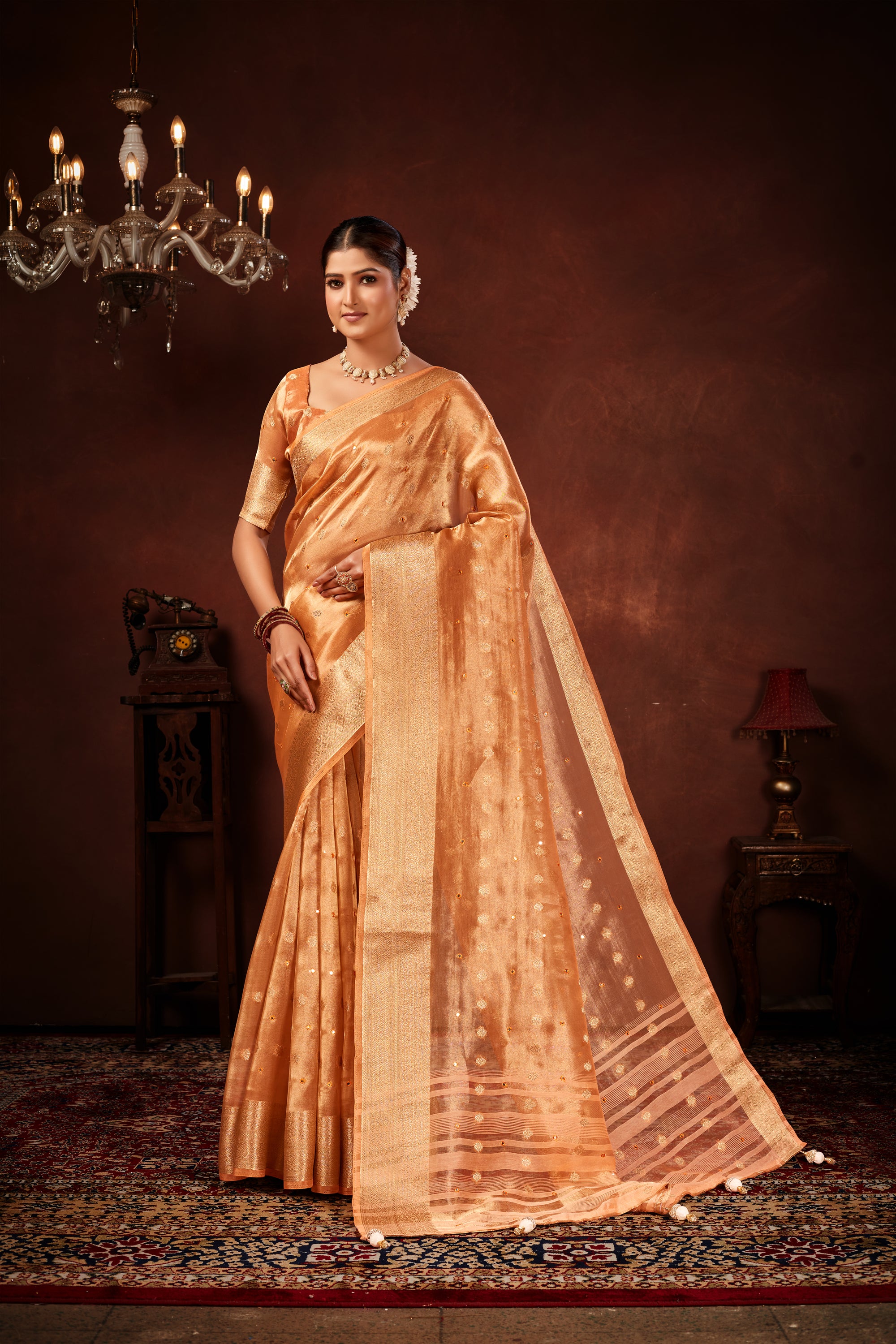 Rust Orange Soft Tissue Silk Saree with Mirror Work