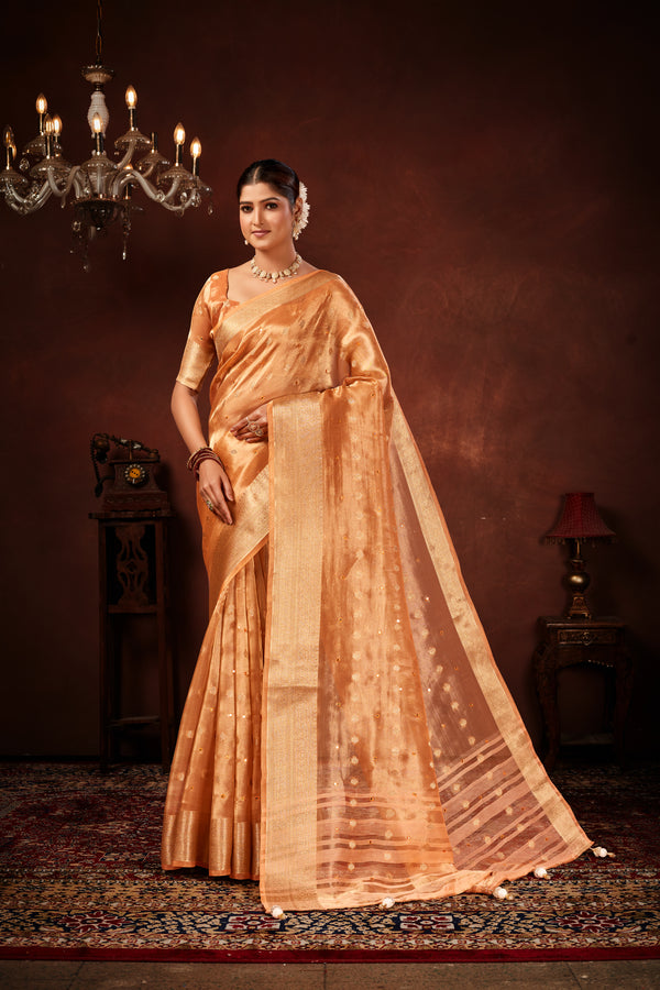 Rust Orange Soft Tissue Silk Saree with Mirror Work