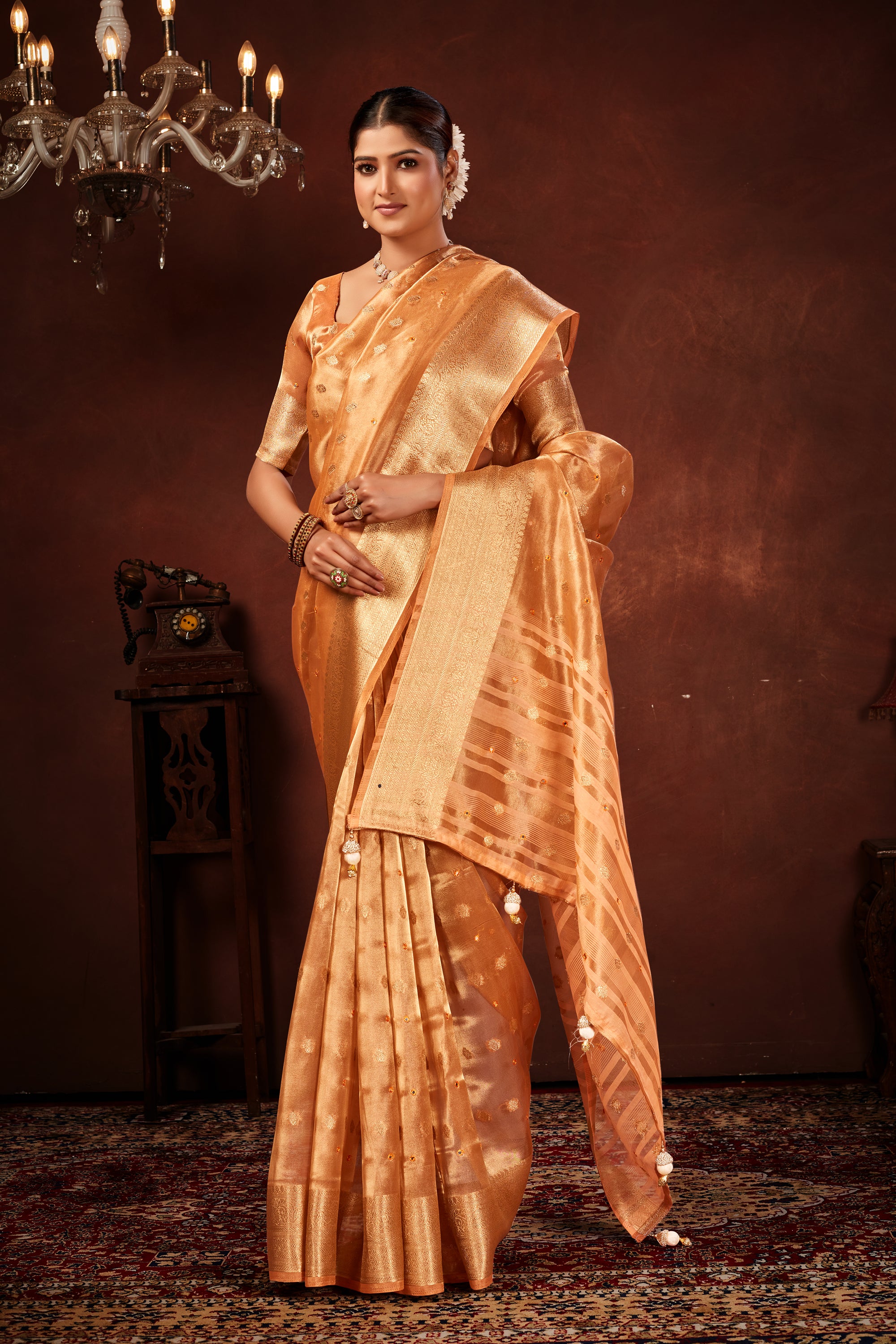Rust Orange Soft Tissue Silk Saree with Mirror Work