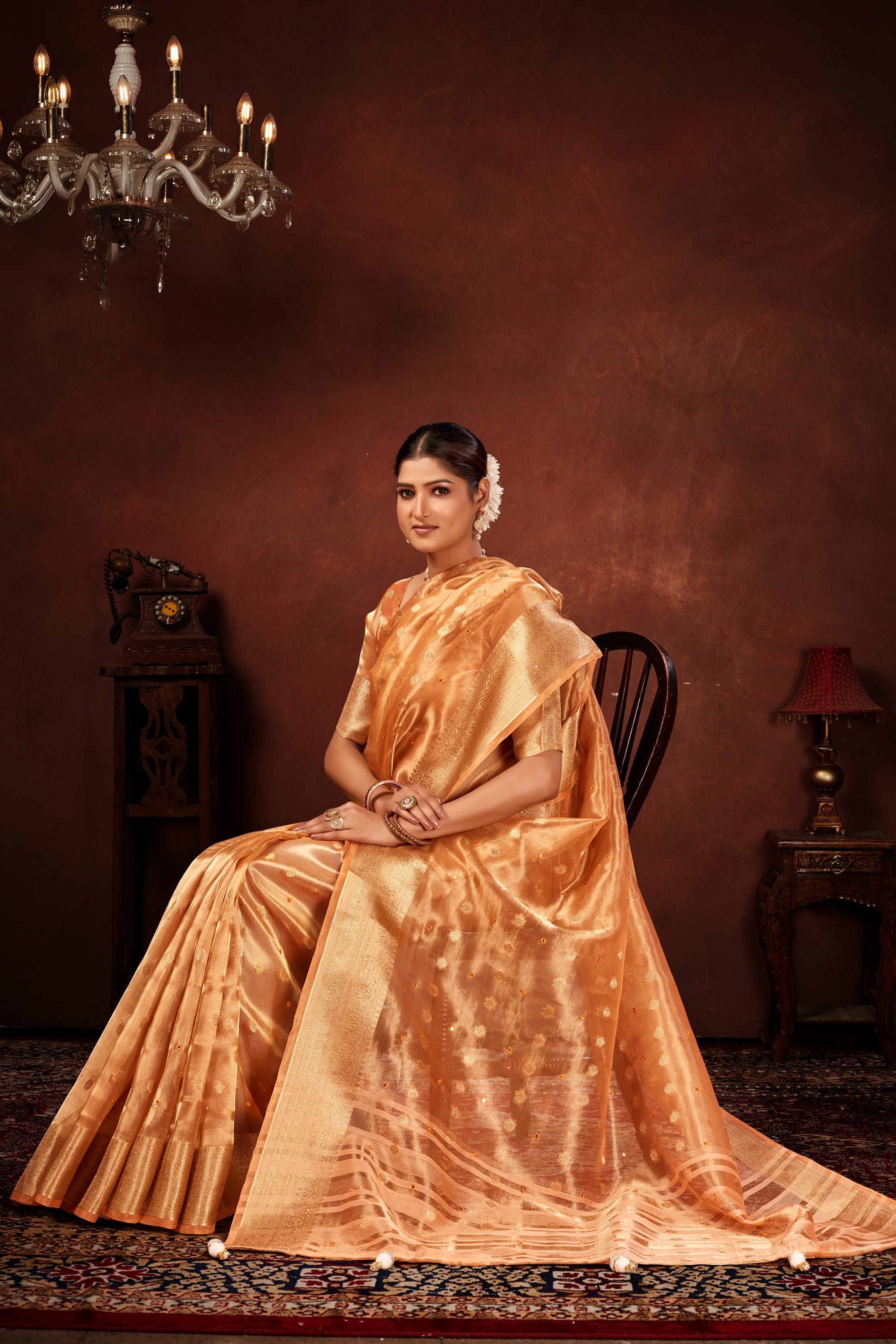Rust Orange Soft Tissue Silk Saree with Mirror Work