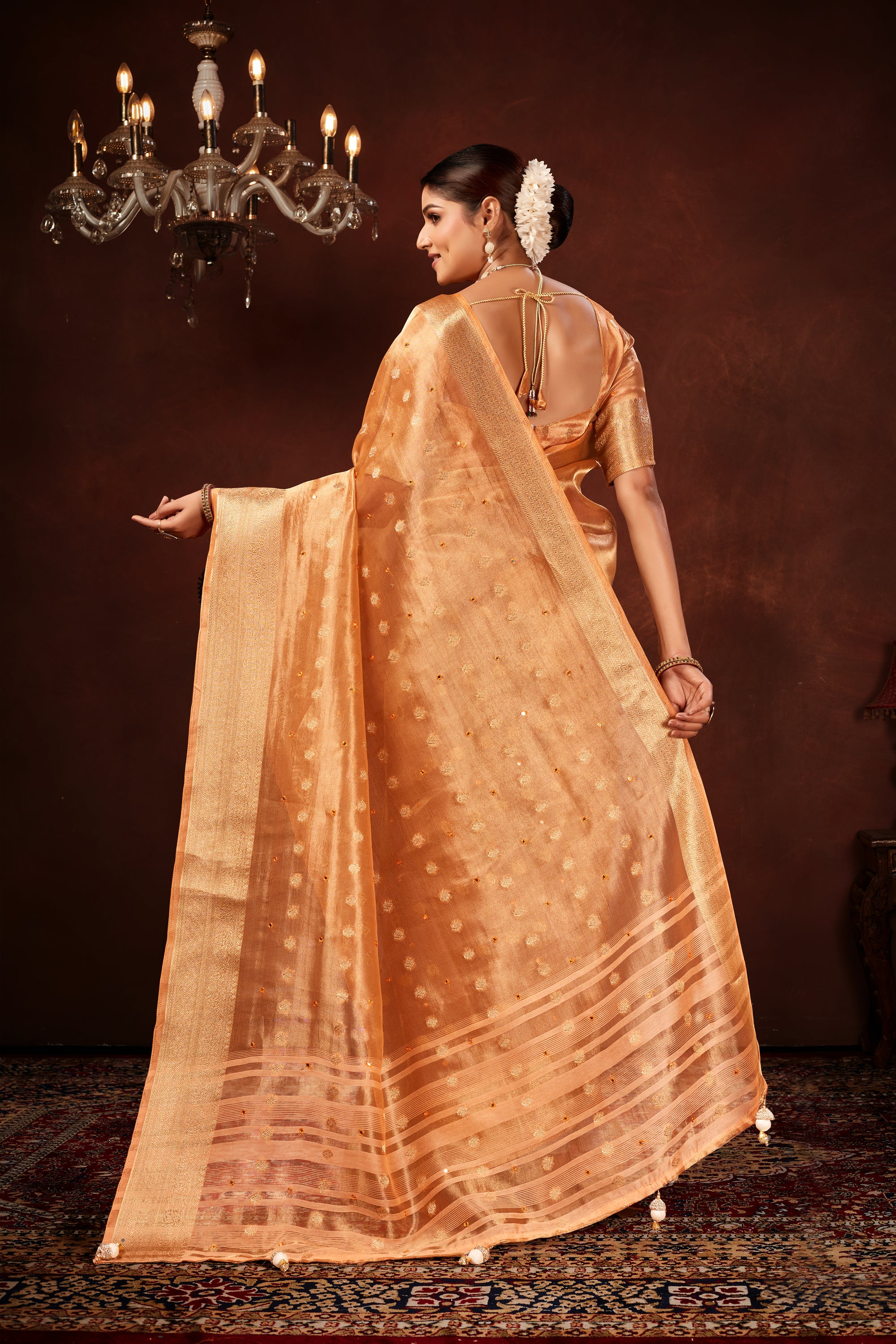 Rust Orange Soft Tissue Silk Saree with Mirror Work