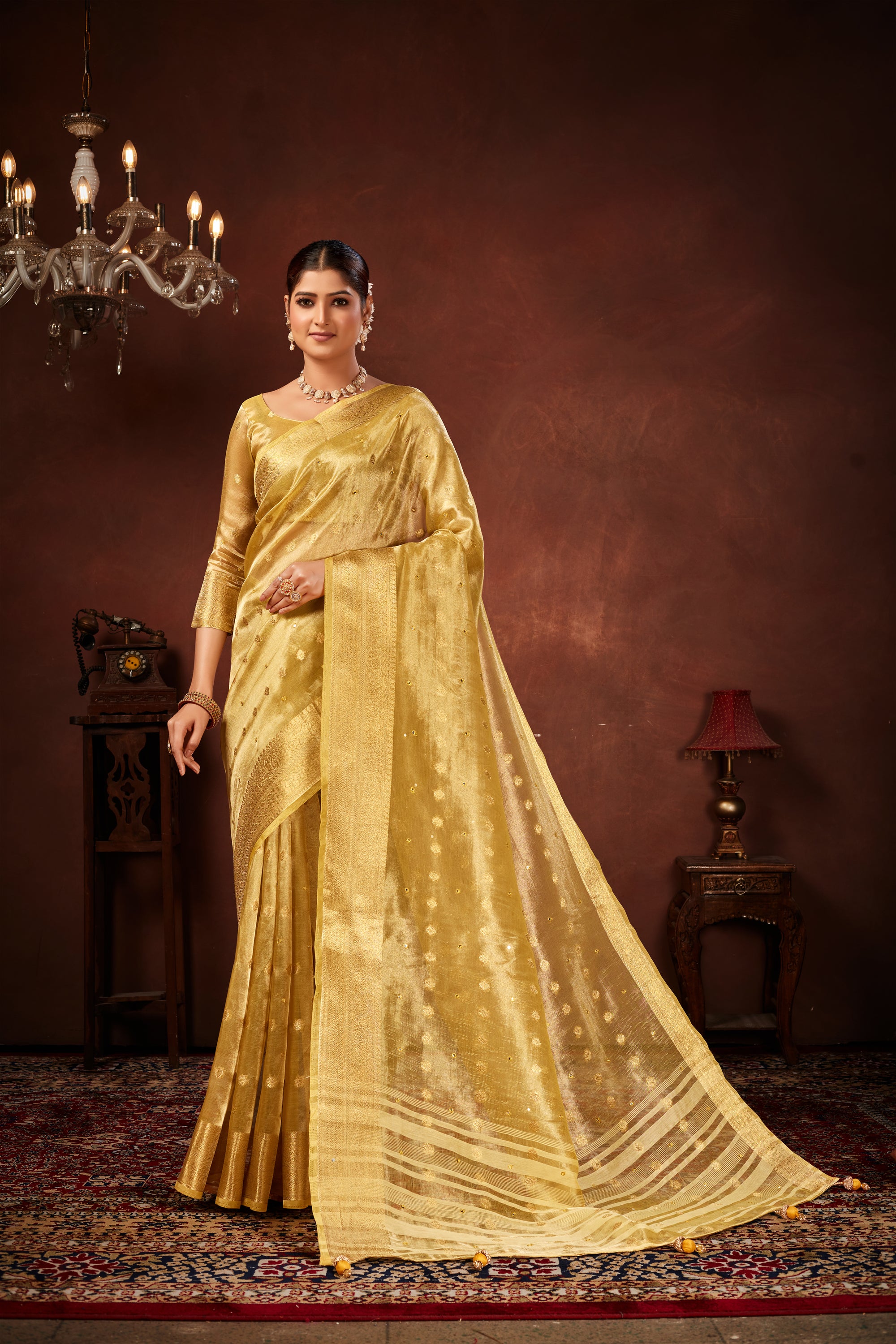 Gold Soft Tissue Silk Saree with Mirror Work