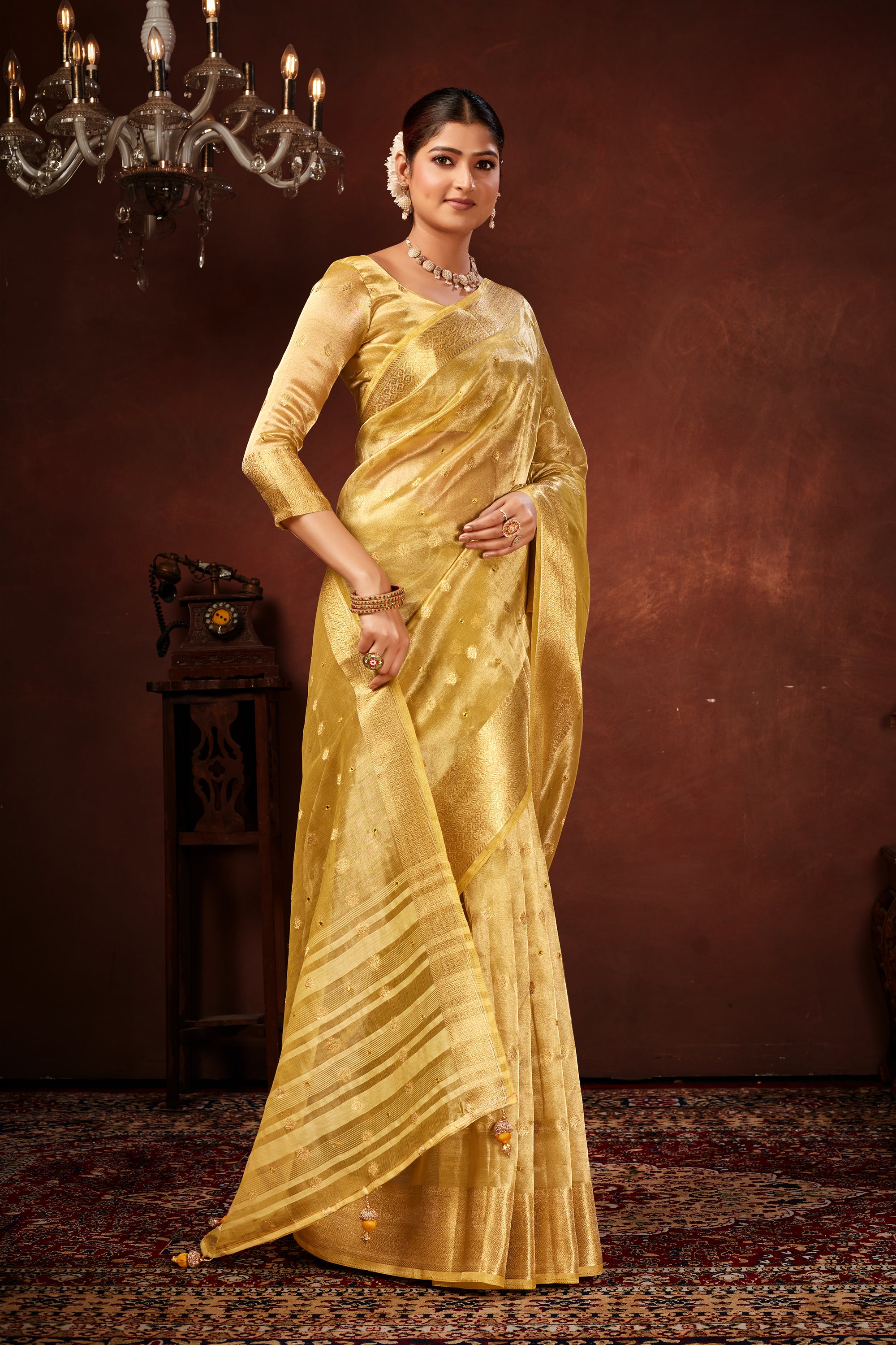 Gold Soft Tissue Silk Saree with Mirror Work