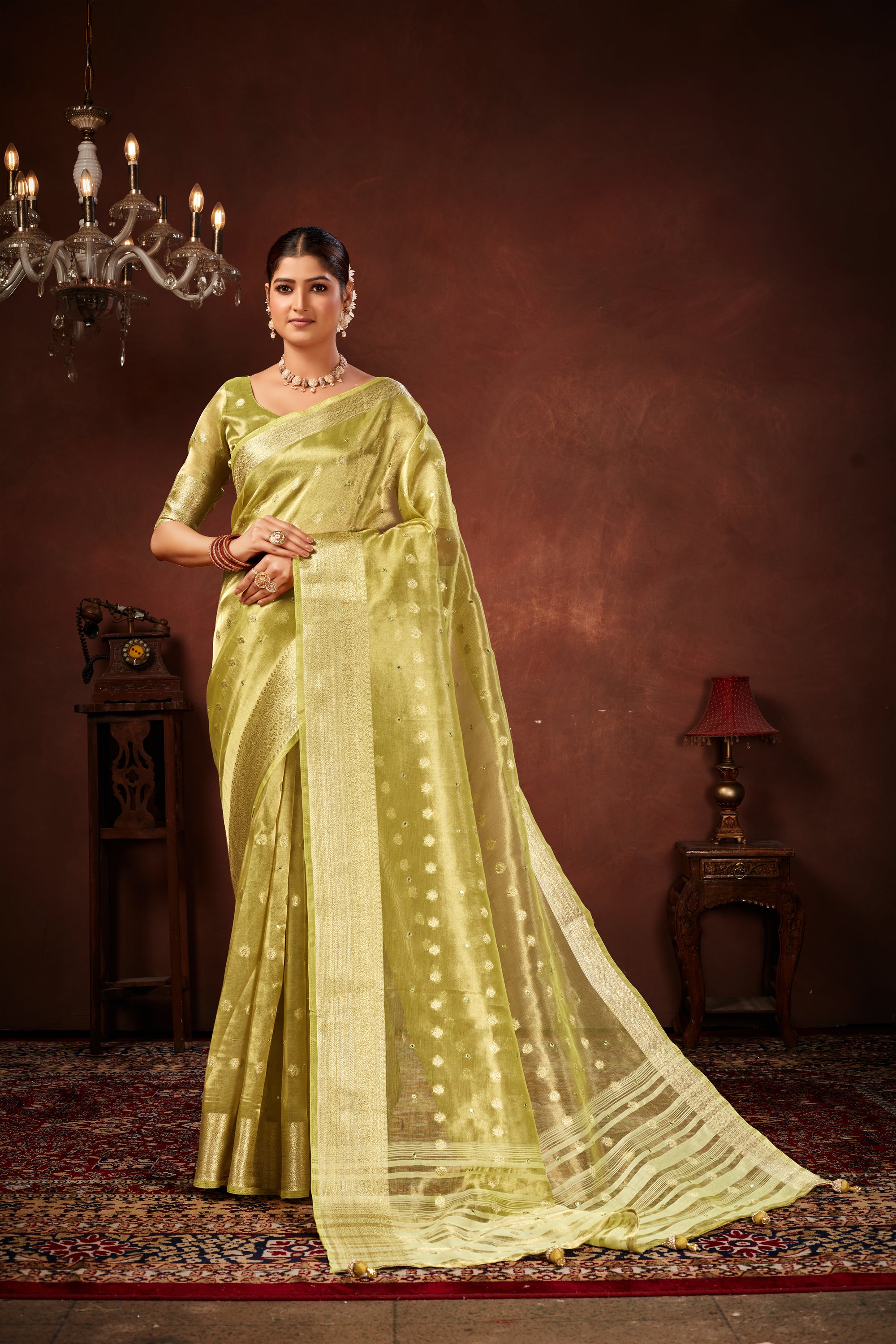 Mehendi Soft Tissue Silk Saree with Mirror Work