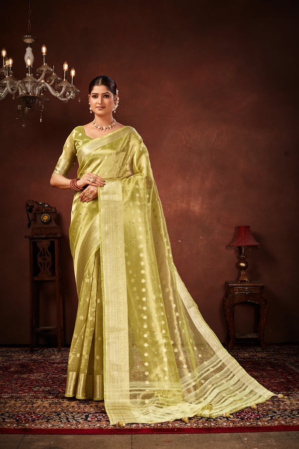 Mehendi Soft Tissue Silk Saree with Mirror Work