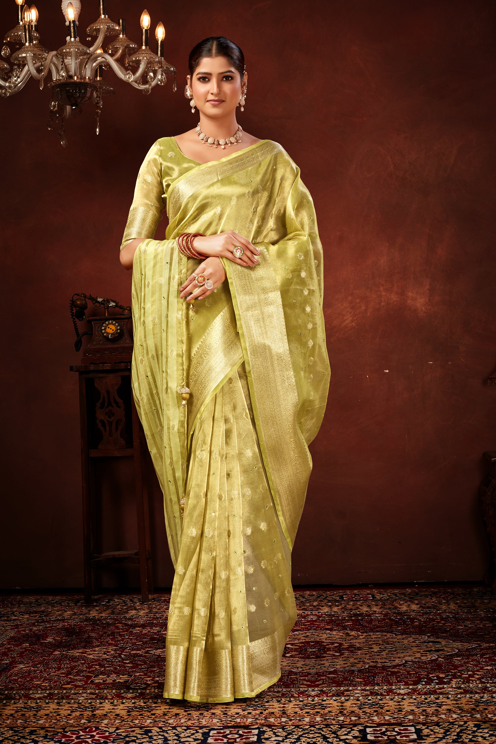 Mehendi Soft Tissue Silk Saree with Mirror Work