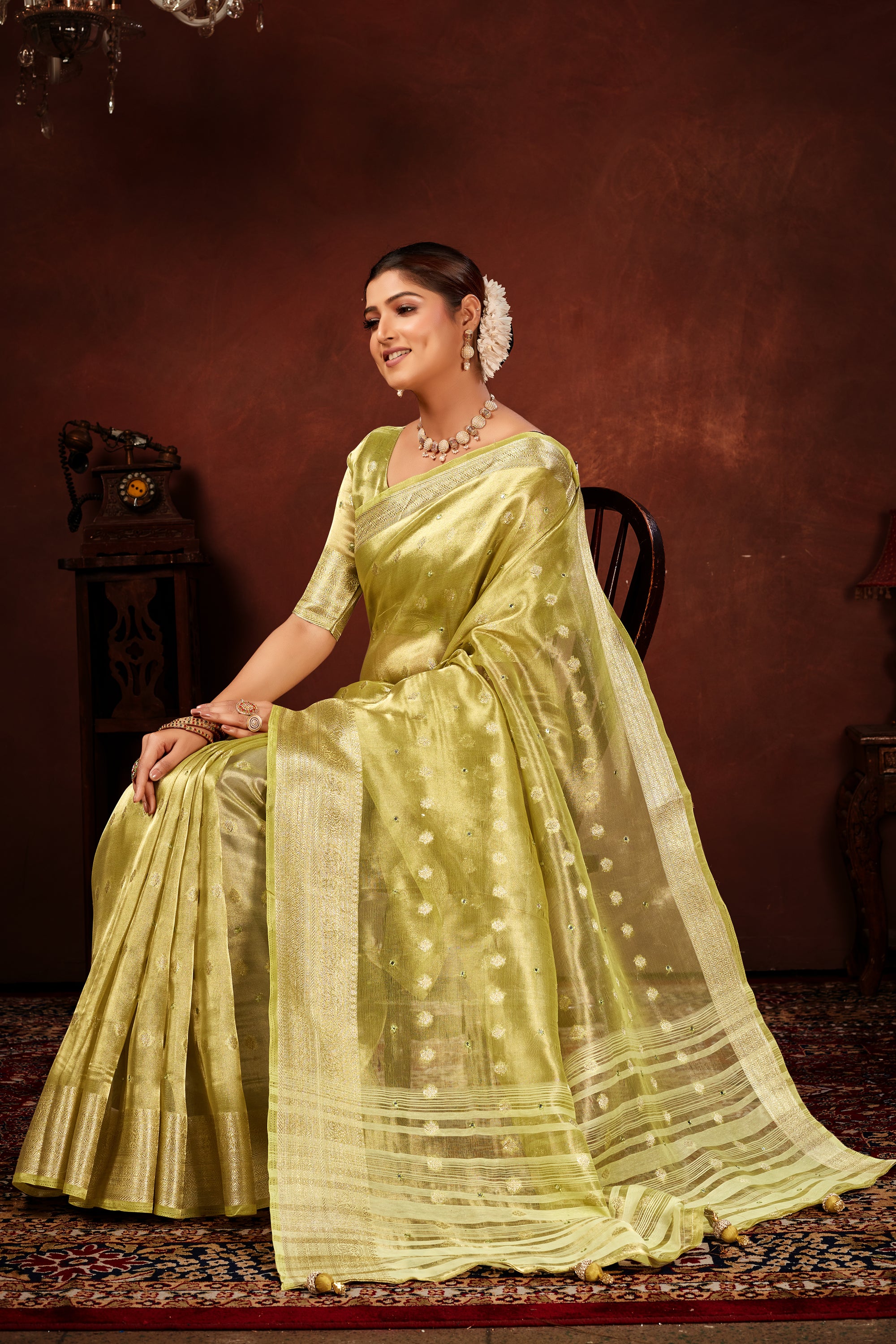 Mehendi Soft Tissue Silk Saree with Mirror Work